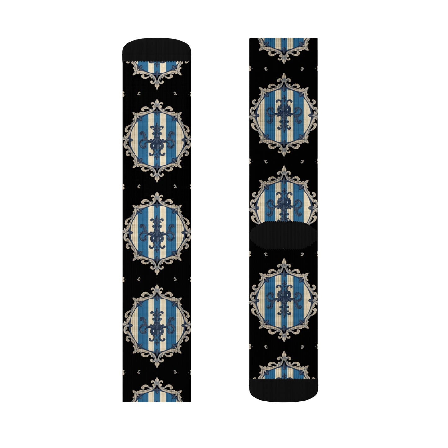 Chic Blue & Alabaster Striped Baroque Patterned Socks for Cozy Fashion, Sublimation Socks, Unique Gift for Her, Stylish Wardrobe Addition