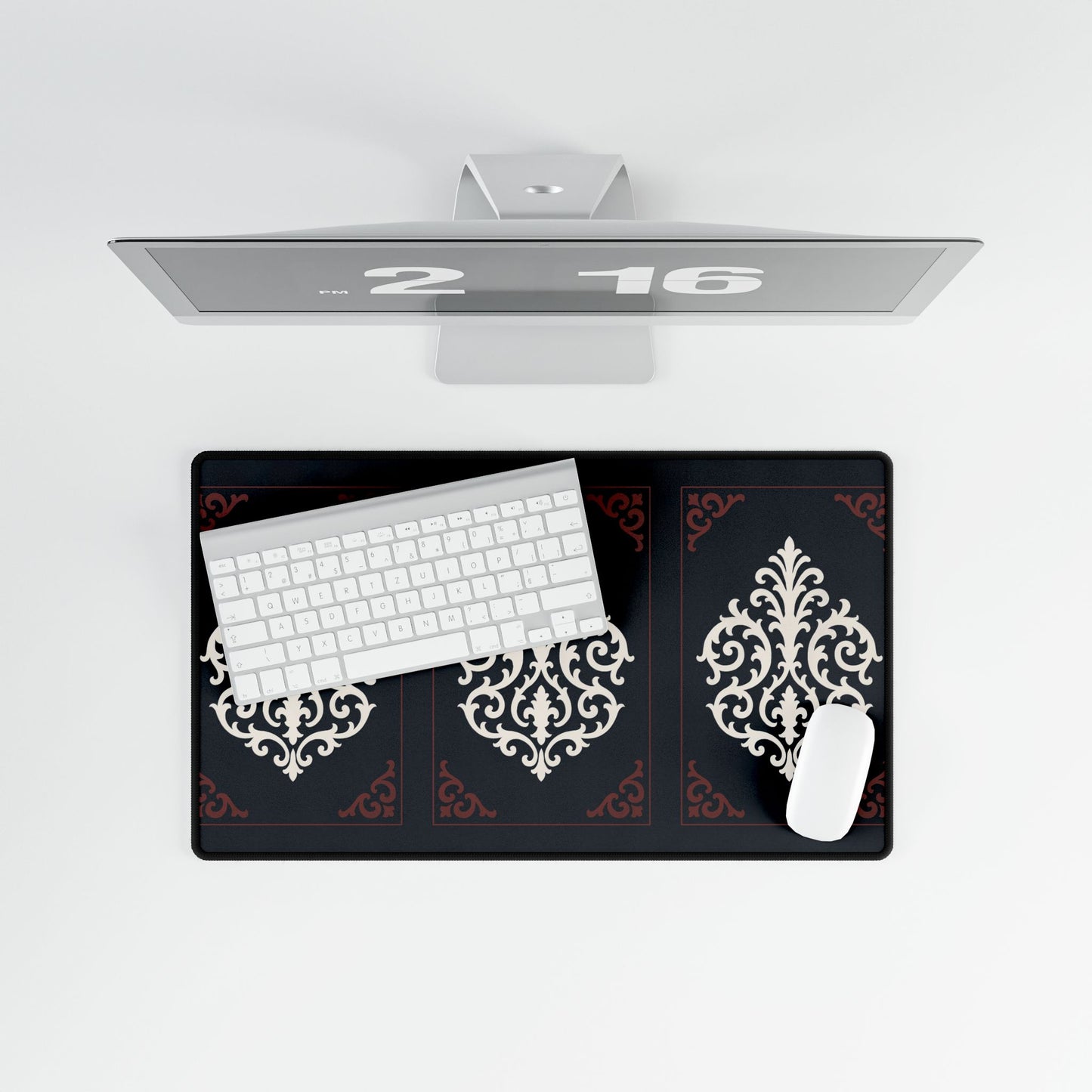 Dusk Blue-Maroon & White Baroque Desk Mat — Elegant Dusk Blue & White Mouse Pad