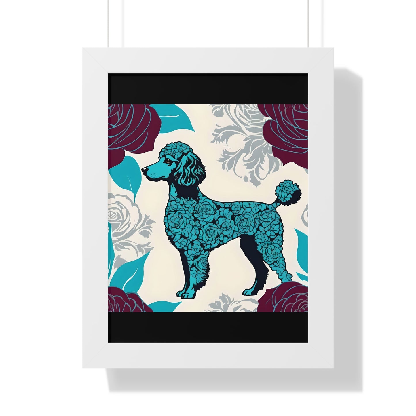 Vertical Poster - Stylish Framed - Art for Home Decor - Rose Inspired Turquoise Poodle With Burgundy Roses