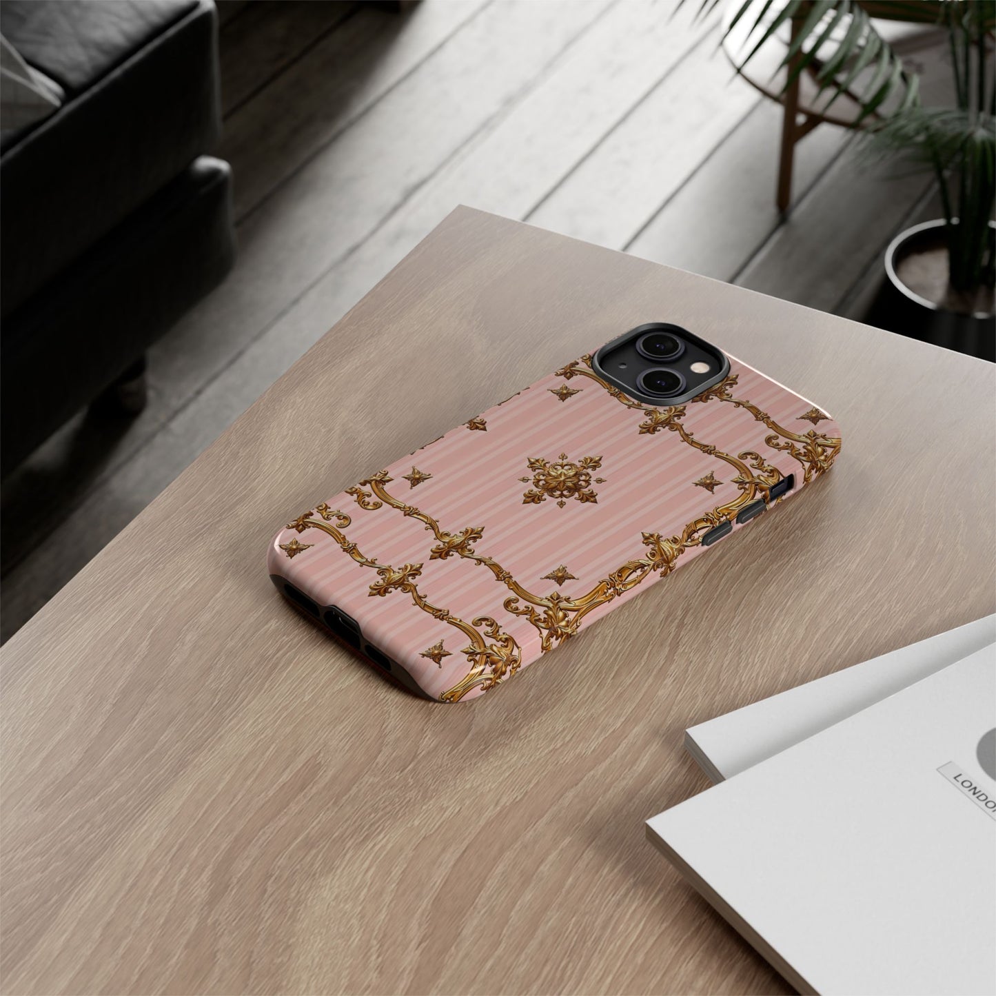 Elegant Floral Phone Case, Tough Cases for Women, Trendy Phone Cover, Chic Gift - Pink Striped Gold Baroque