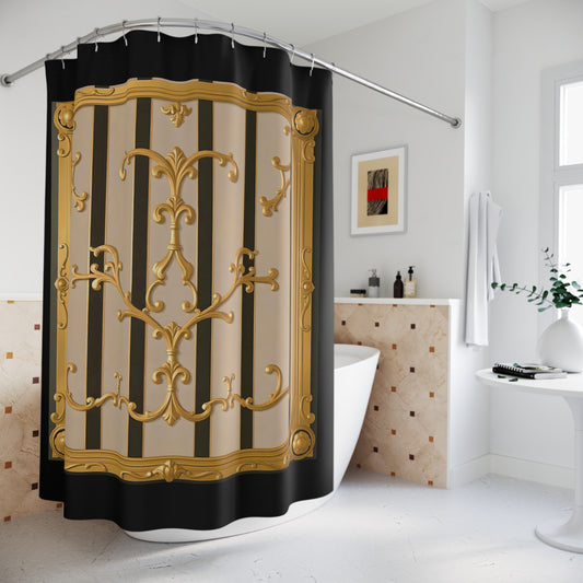 Elegant Vintage-Inspired Shower Curtain, Glam Decor, Bathroom Upgrade, Gift for Homeowners - Beige Striped Gold Rococo