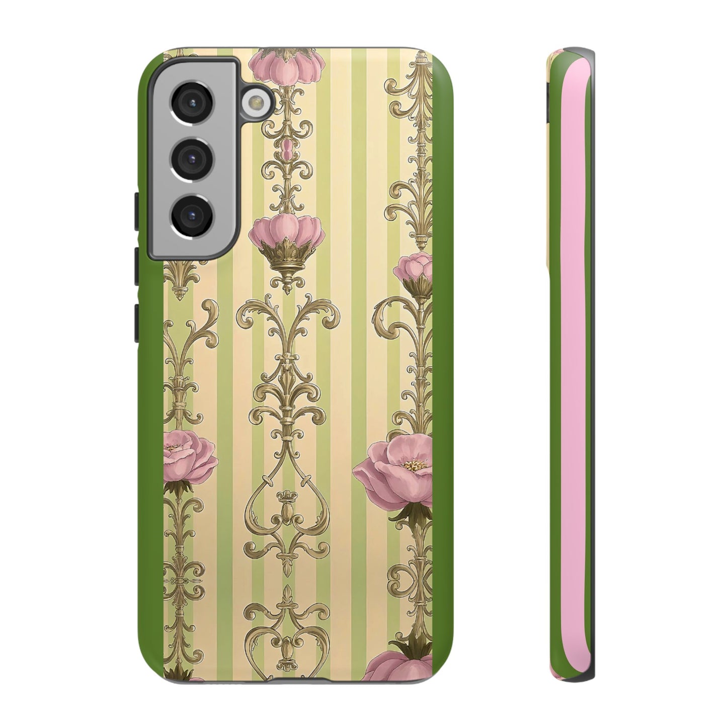 Elegant Floral Motif Phone Case - Tough Cases with Vintage Design - Lime Green & Pink Striped Damask