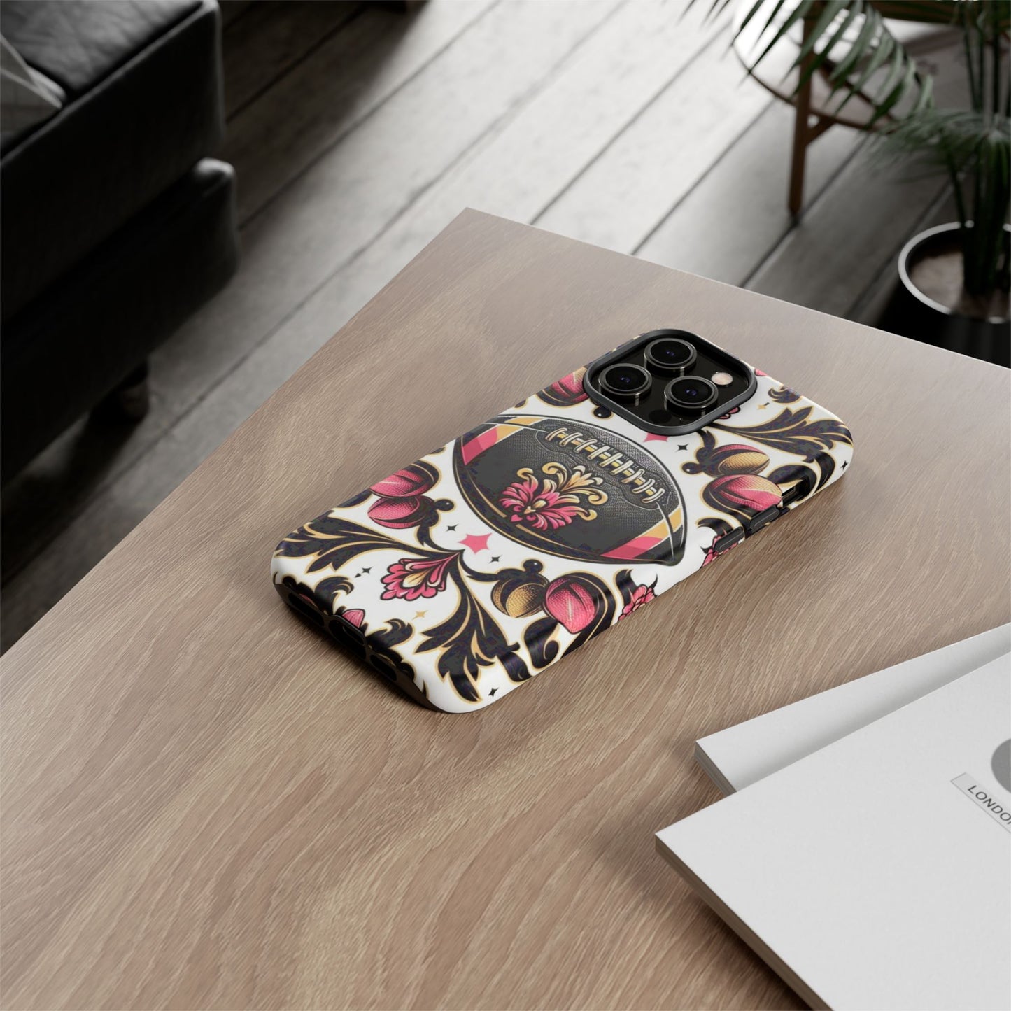 Elegant Floral Motif Phone Case - Tough Cases with Vintage Design - Damask White, Pink Gold & Black Football