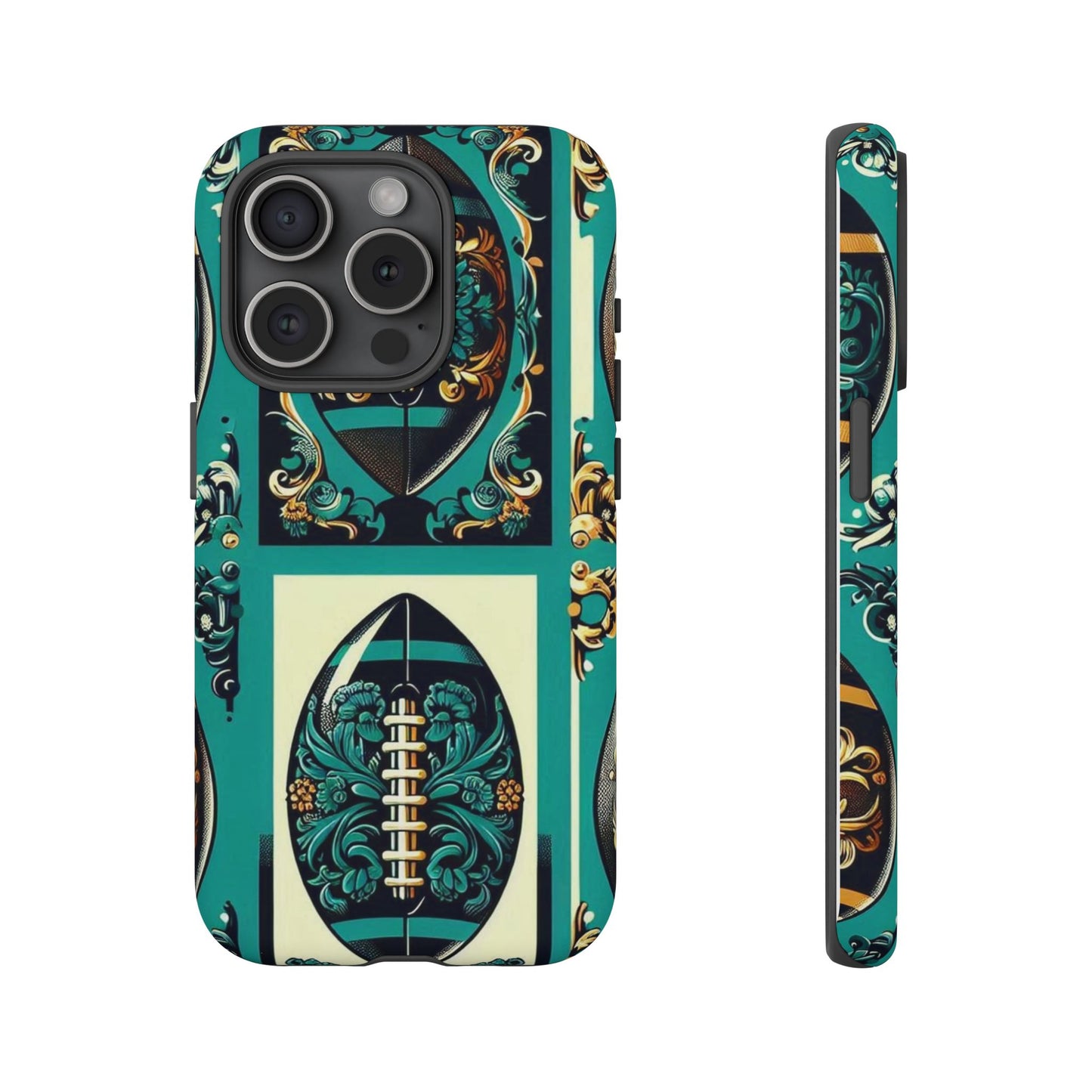 Elegant Floral Motif Phone Case - Tough Cases with Vintage Design -  Damask Teal, Gold & Black Footballs