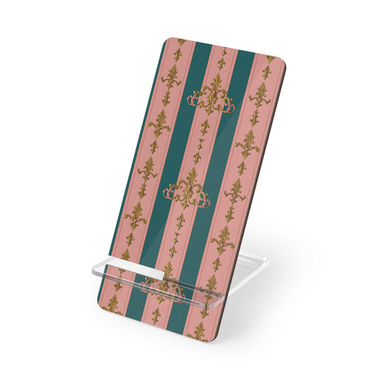 Elegant Mobile Display Stand for Smartphones, Decorative Phone Holder, Trendy Desk Accessory - Pink & Teal Striped Gold Baroque