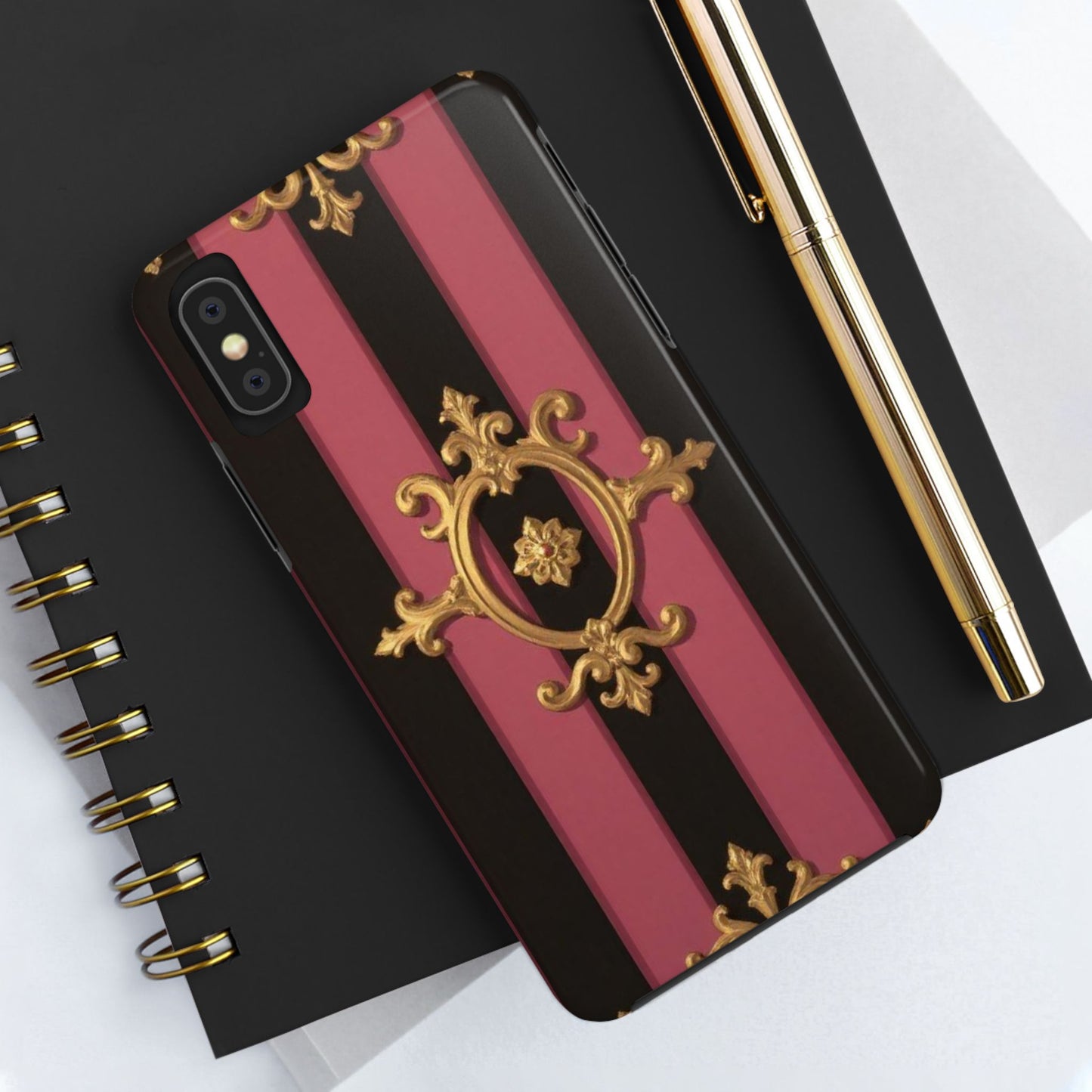 Elegant Black & Mauve Striped Gold Baroque Tough Phone Cases, Luxe Phone Covers, Fashionable Mobile Cases, Gift for Her, Holiday Phone Accessories