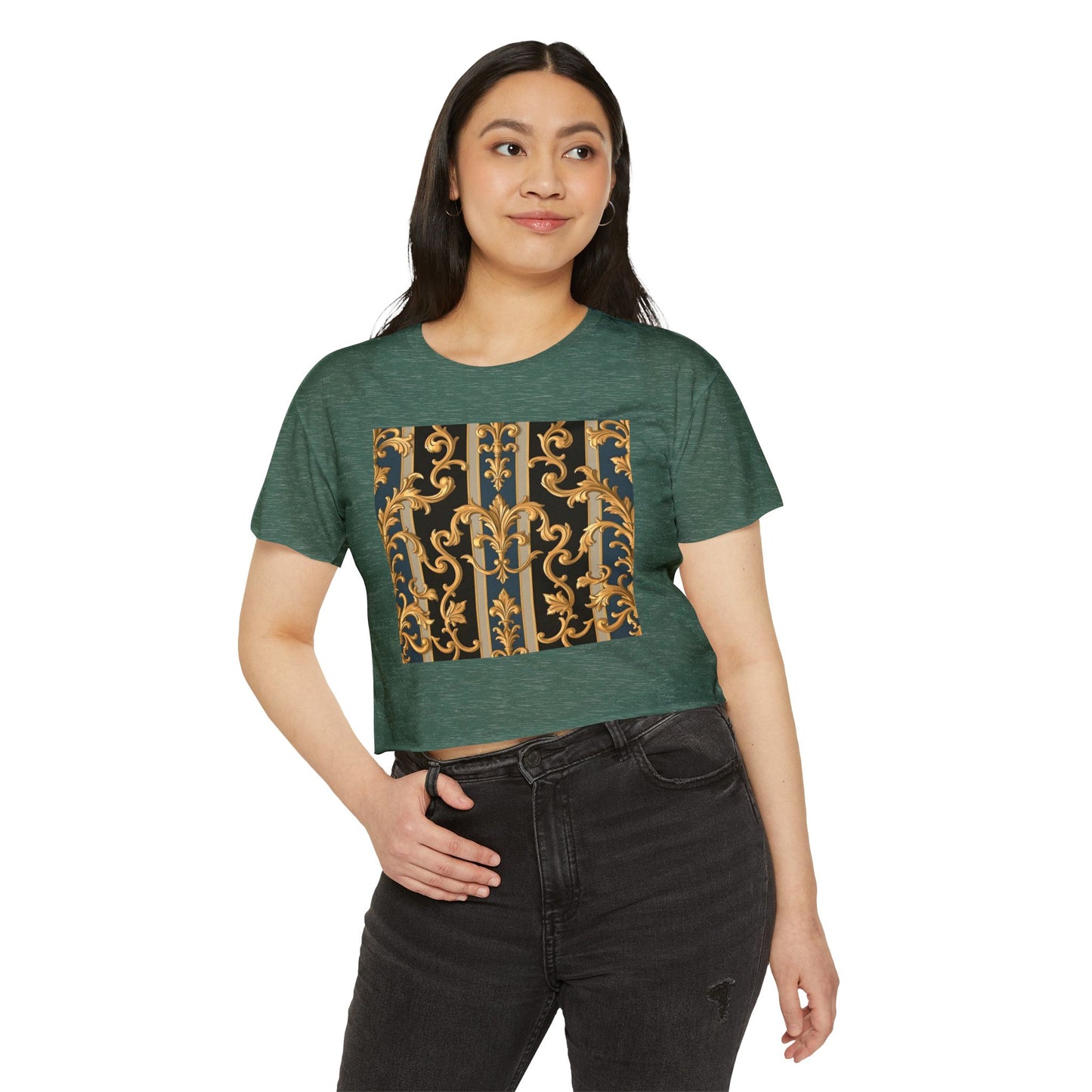 Women’s Festival Crop Top with Stylish Floral Pattern - Summer Outfit, Boho Chic, Concert Wear - Blue & Black Striped Rococo