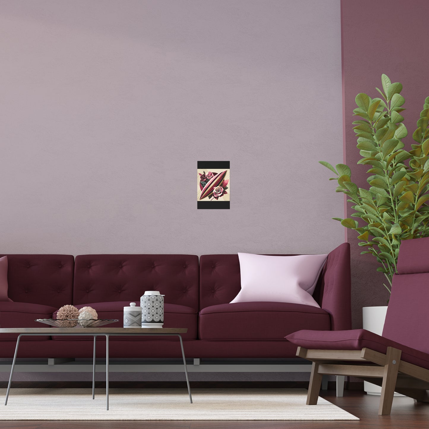 Elegant Floral Silk Poster - Indoor/Outdoor Wall Art for Home Decor - Pink & Burgundy Striped Surfboard & Roses