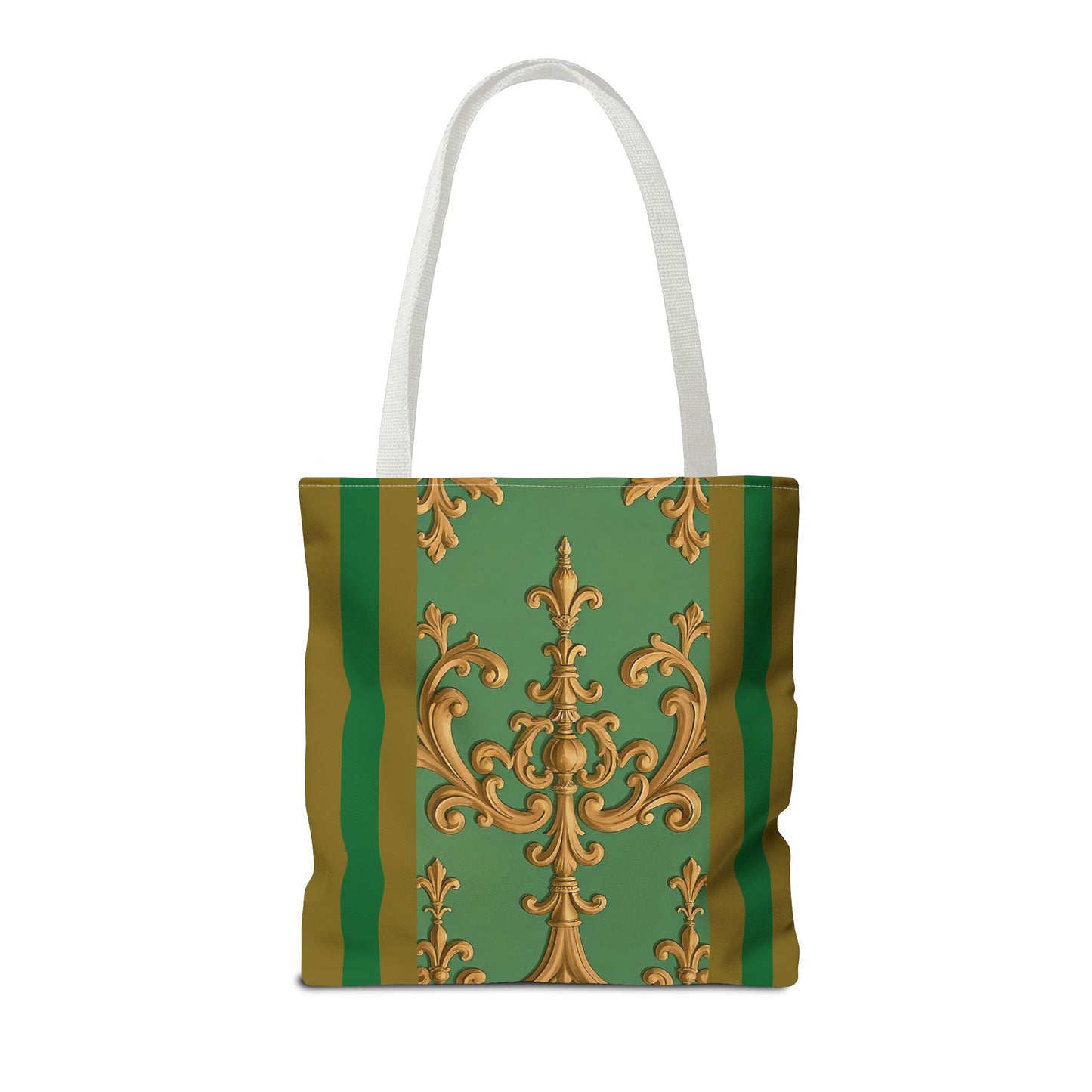 Ornate Floral Tote Bag, Chic Shopping Bag, Fashionable Eco Tote, Stylish Gift for Her, Versatile Everyday Use - Olive Green Striped Rococo