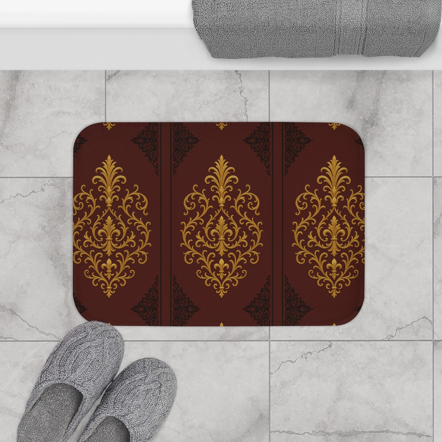 Dusk Burgundy-Black & Gold Baroque Bath Mat — Elegant Burgundy Bathroom Rug