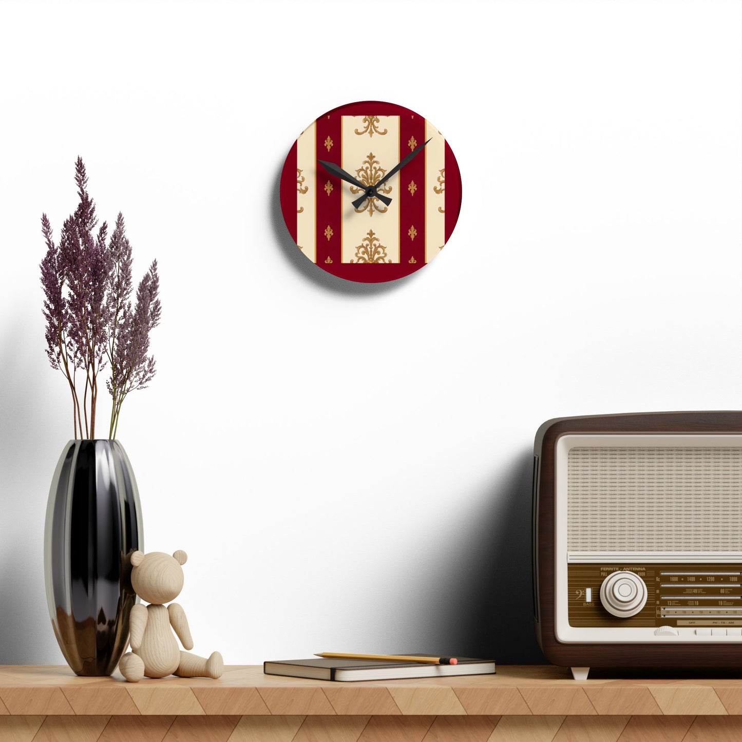 Bohemian Damask-Inspired Acrylic Wall Clock with Floral Design - Dusk Red Striped Gold Damask