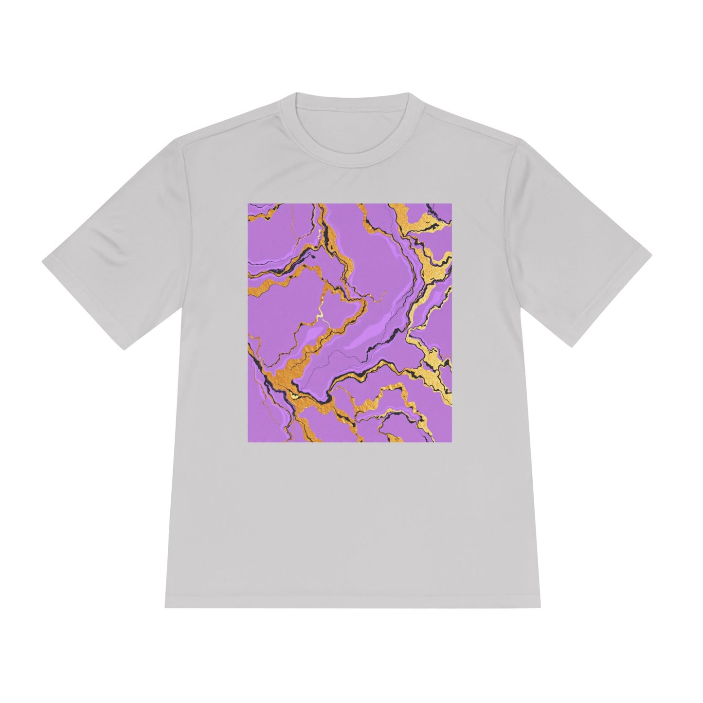 Unisex Moisture-Wicking Tee with Purple and Gold Marble Design - Athletic Shirt, Casual Wear, Fitness Apparel, Summer Style, Gift Idea