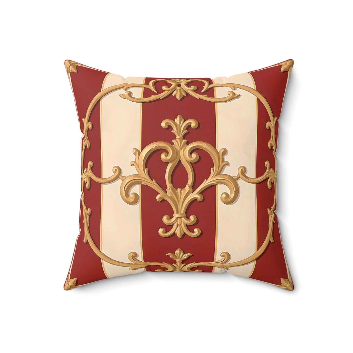 Elegant Vintage-Inspired Square Pillow with Gold Ornate Design - Alabaster & Dusk Orange Striped Baroque
