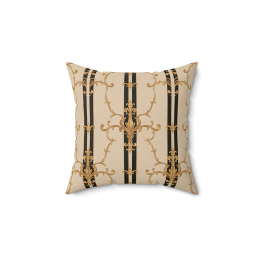 Elegant Faux Suede Square Pillow - Vintage Home Decor, Throw Pillow, Golden Accent, Luxurious Cushion - Black & Beige Striped Damask