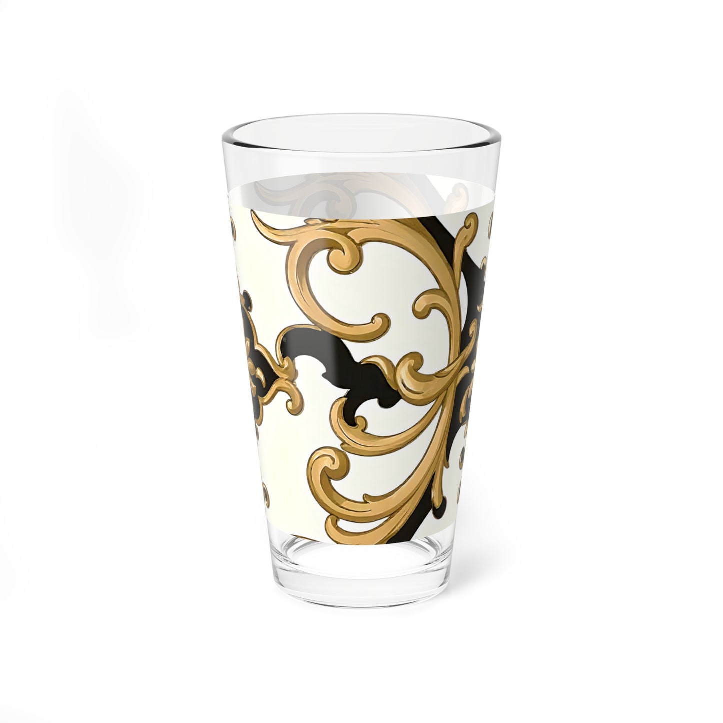 Elegant Ornate Mixing Glass, 16oz - Decorative Barware, Cocktail Glass, Engraved Drinkware - Black & Gold Rococo