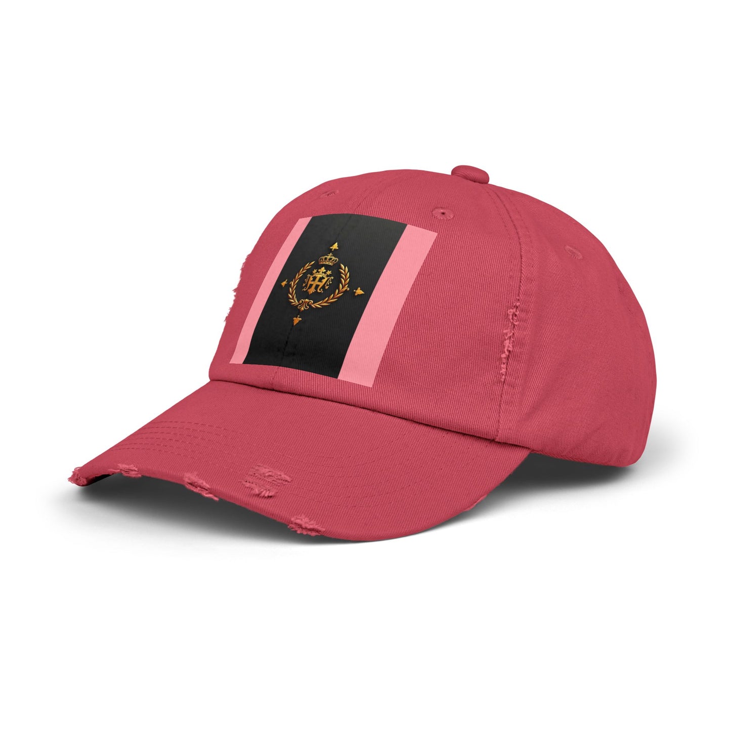 Stylish Unisex Distressed Cap with Trendy Design, Casual Accessories for Everyday Wear, Fashion Statement Cap - Pink Striped Gold Crest