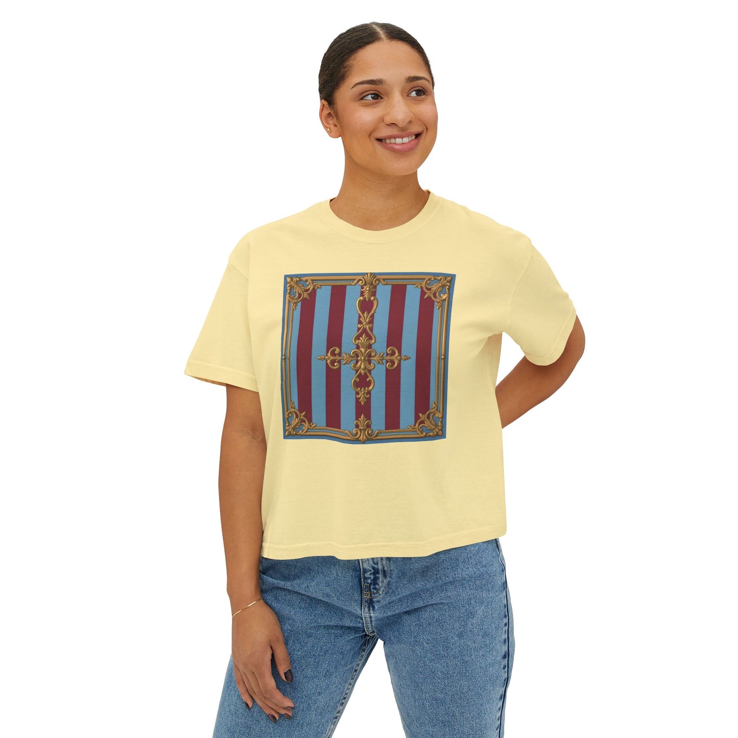 Baroque Women's Boxy Tee, Vintage Style T-shirt for Festivals, Casual Wear, Summer Outfits, Gift for Her - Sky Blue & Maroon Striped Baroque