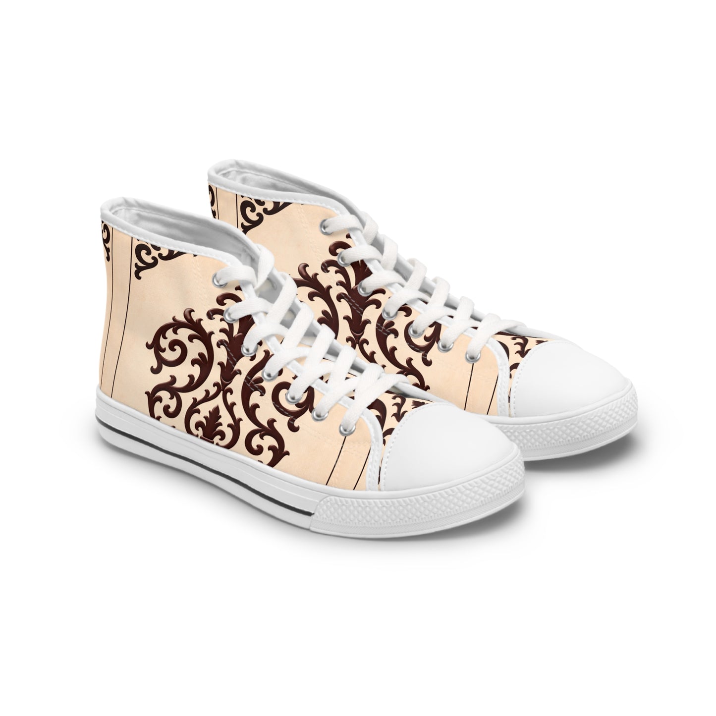 Almond-Beige & Brown Baroque High Top Sneakers — Women's Vintage Baroque Pattern