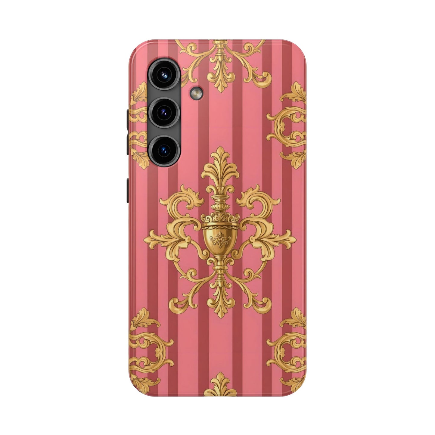 Elegant Baroque Tough Phone Cases, Durable Phone Cover, Stylish Accessory, Gift for Any Occasion - Pink Striped Gold Baroque