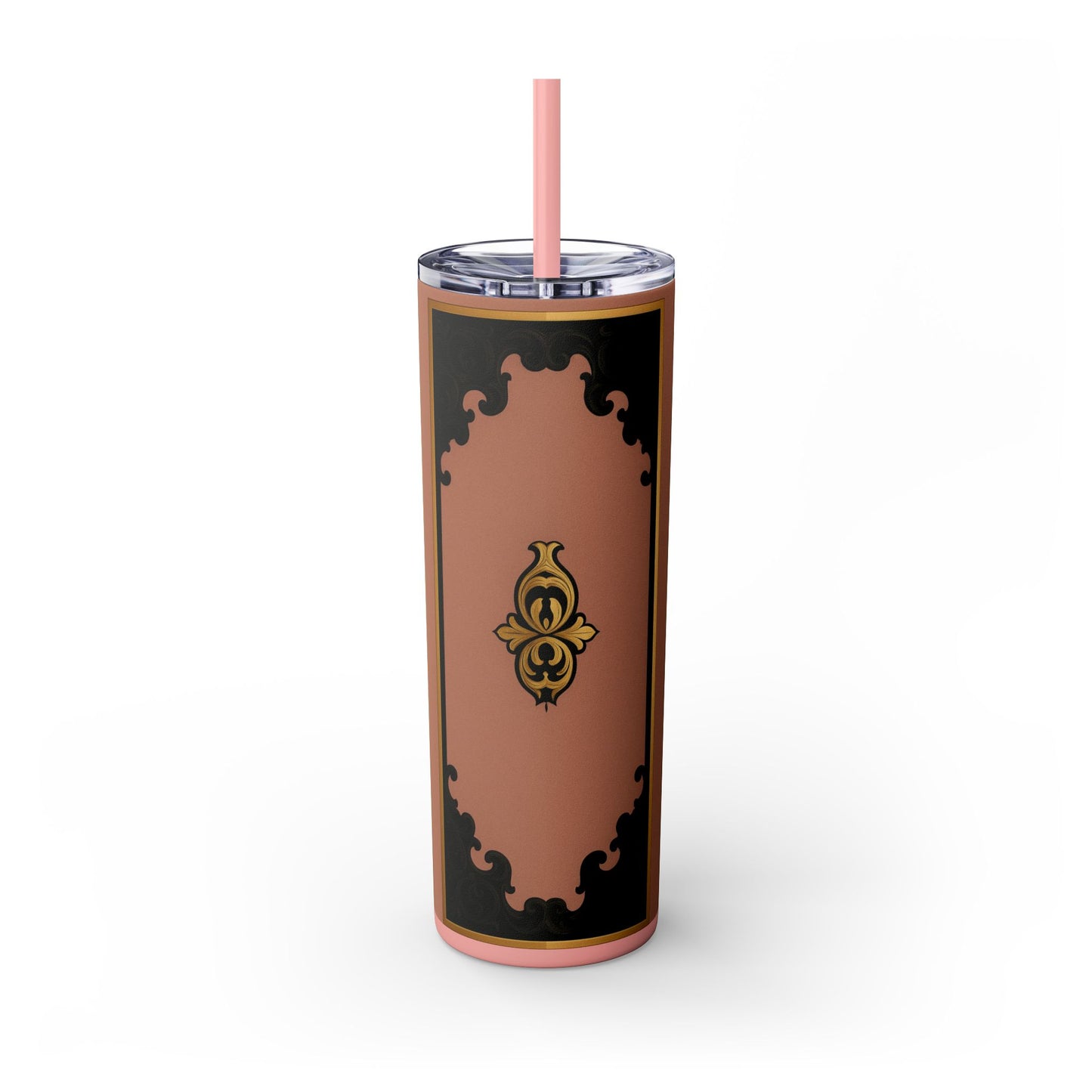 20oz Skinny Tumbler with Straw — Vintage Mauve & Black-Gold Baroque Design