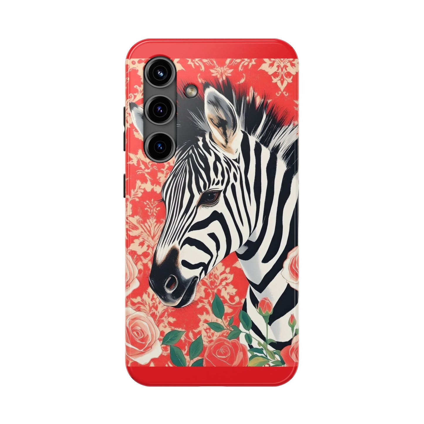 Zebra Tough Phone Case - Trendy Floral Design for Animal Lovers - Zebra With Coral Roses & Damask