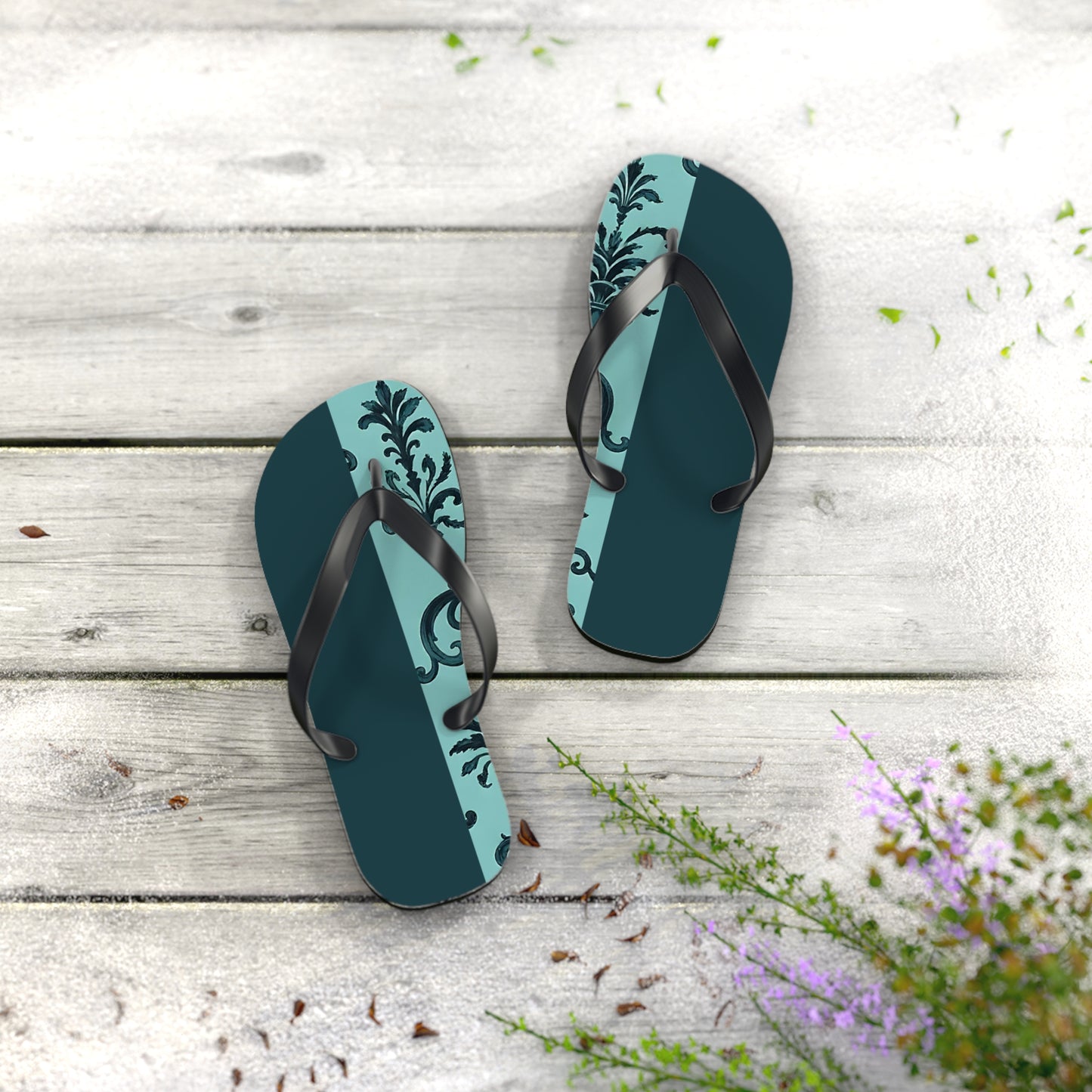 Chic Vintage-Inspired Flip Flops | Summer Footwear, Beach Essentials, Stylish Sandals, Vacation Ready, Gift for Her - Teal Striped Rococo