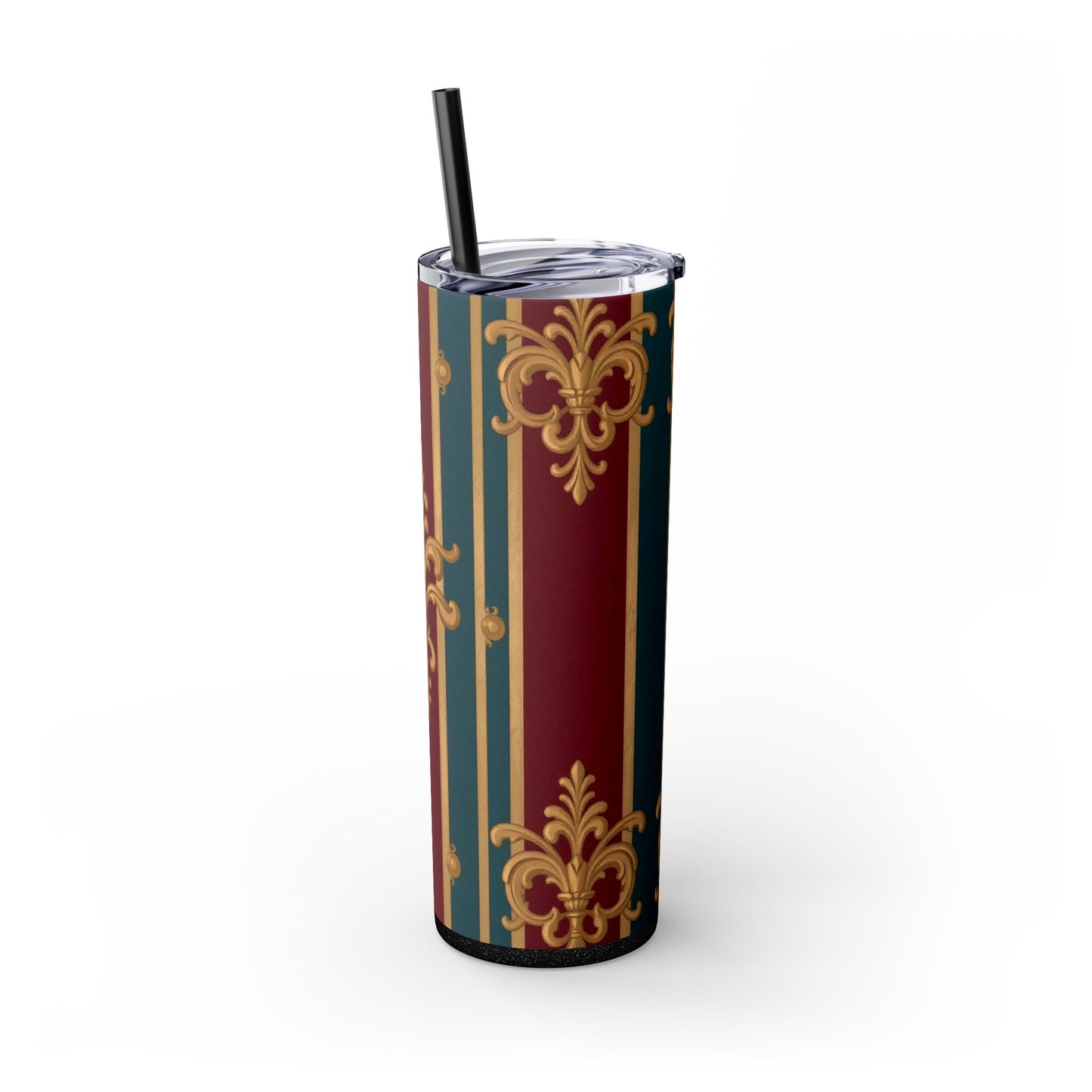 Elegant Vintage Skinny Tumbler with Straw, 20oz | Gold & Burgundy Design | Travel Mug, Gift for Her - Burgundy Striped Gold Baroque