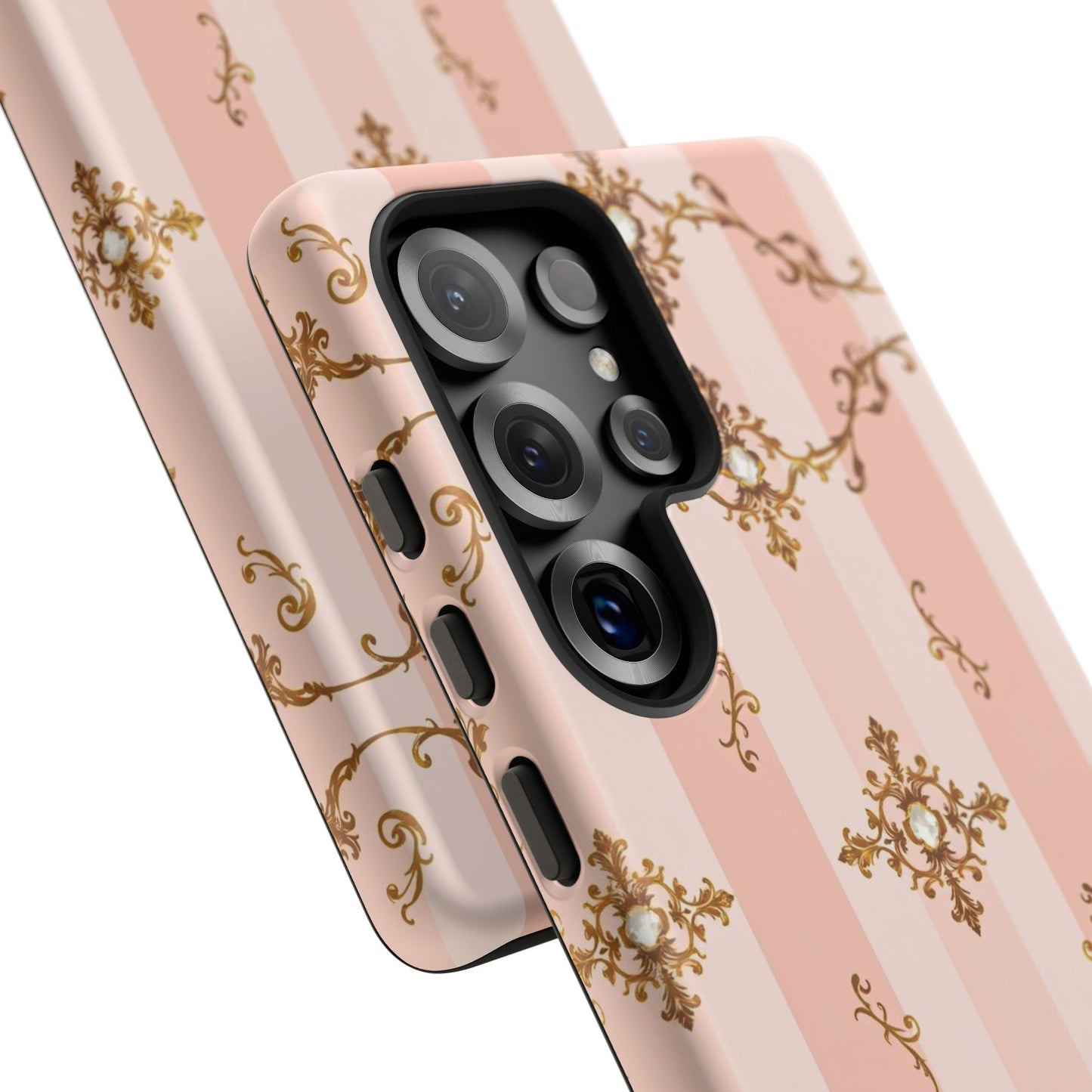 Elegant Floral Phone Case, Tough Cases for Women, Trendy Phone Cover, Chic Gift - Pink Jeweled Striped Gold Baroque