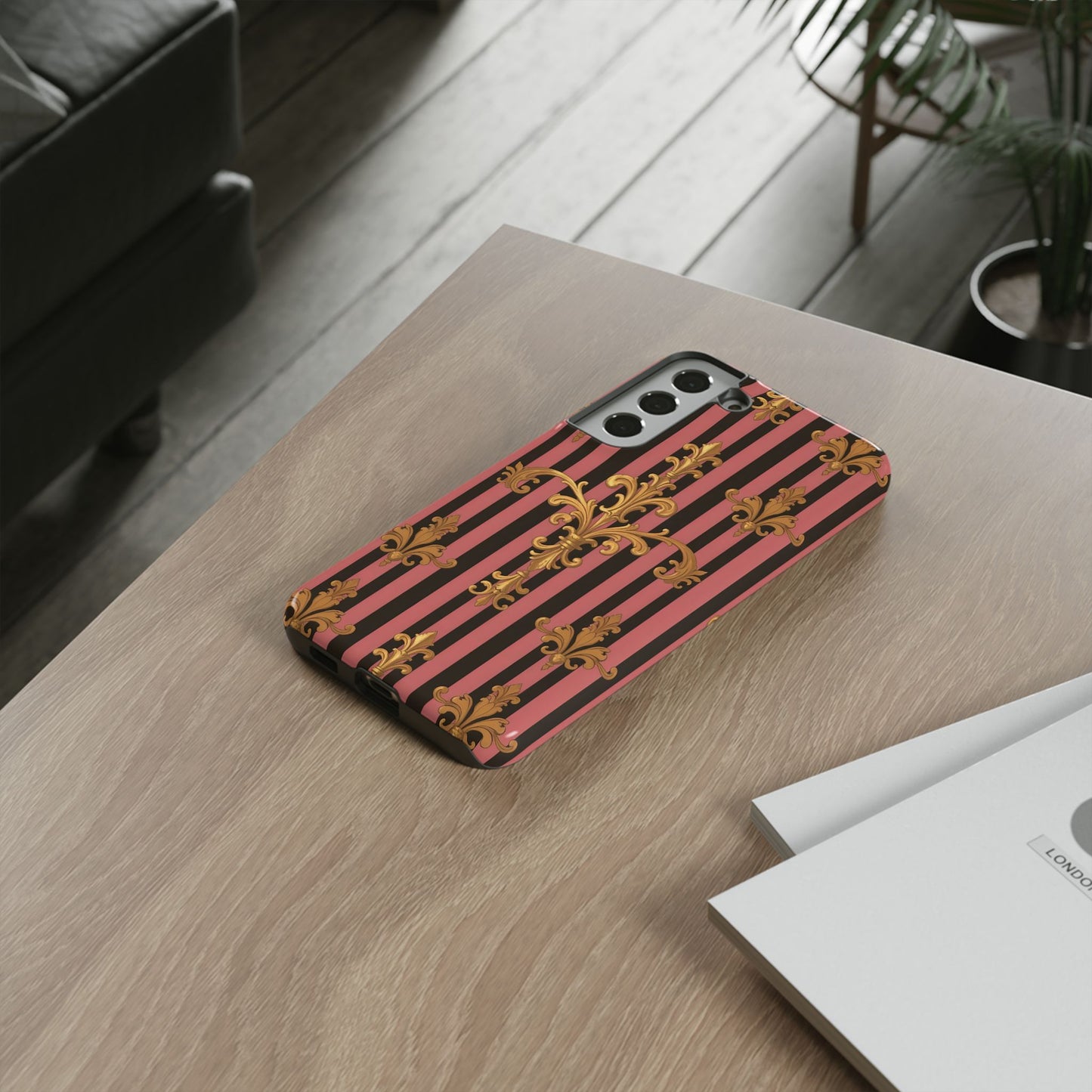 Elegant Floral Motif Phone Case - Tough Cases with Vintage Design - Mauve Striped Gold Damask