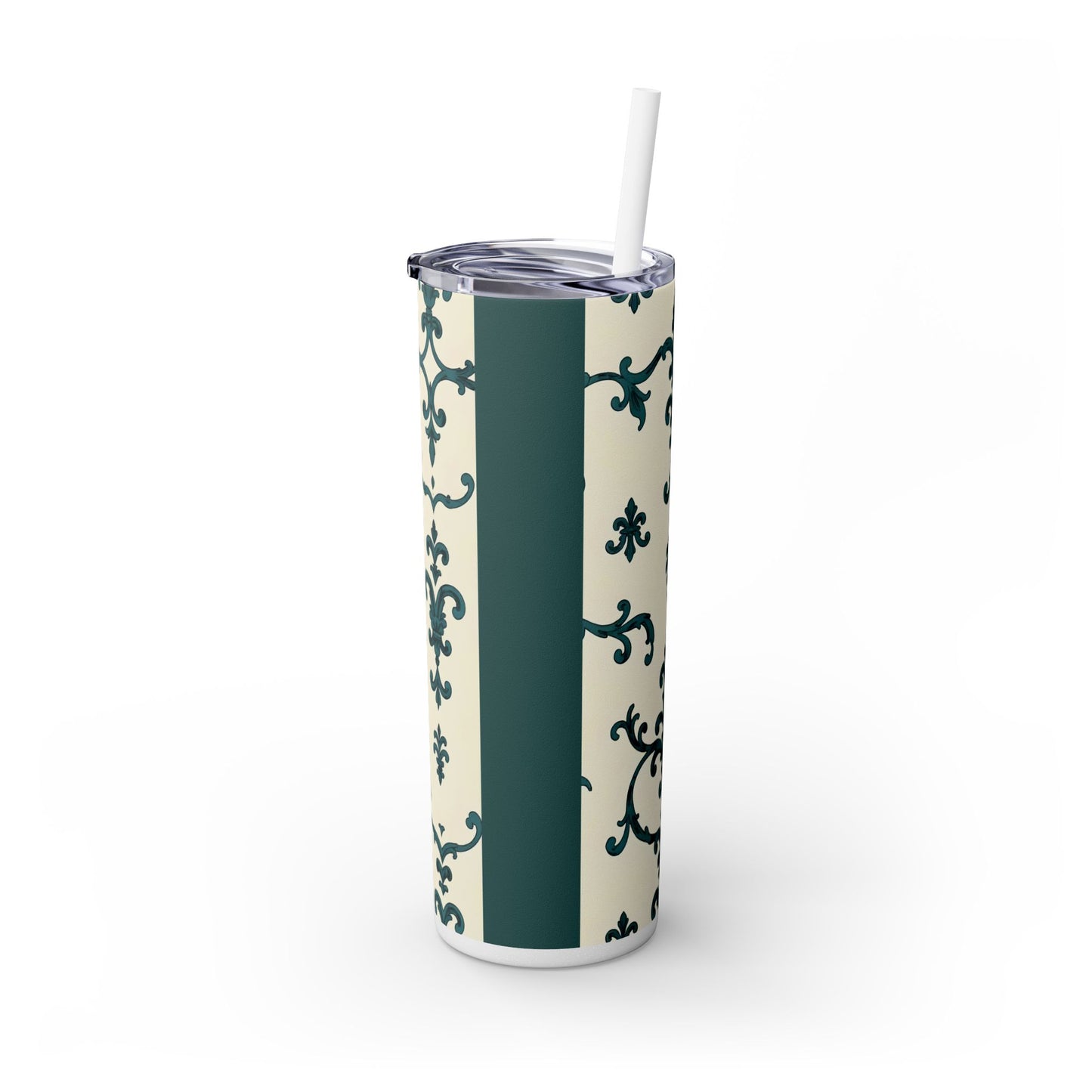 Elegant Floral Skinny Tumbler, 20oz - Stylish Travel Mug for Home, Coffee Lover Gift, Eco-Friendly Drinkware, Party Favor - Teal Striped Rococo