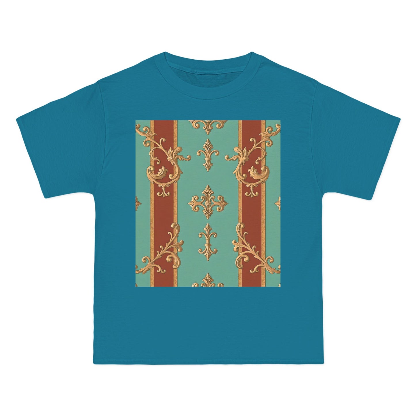 Elegant Vintage Patterned T-Shirt | Vintage Style Tee, Casual Wear, Retro Aesthetic - Rust & Mint Aqua Striped Baroque