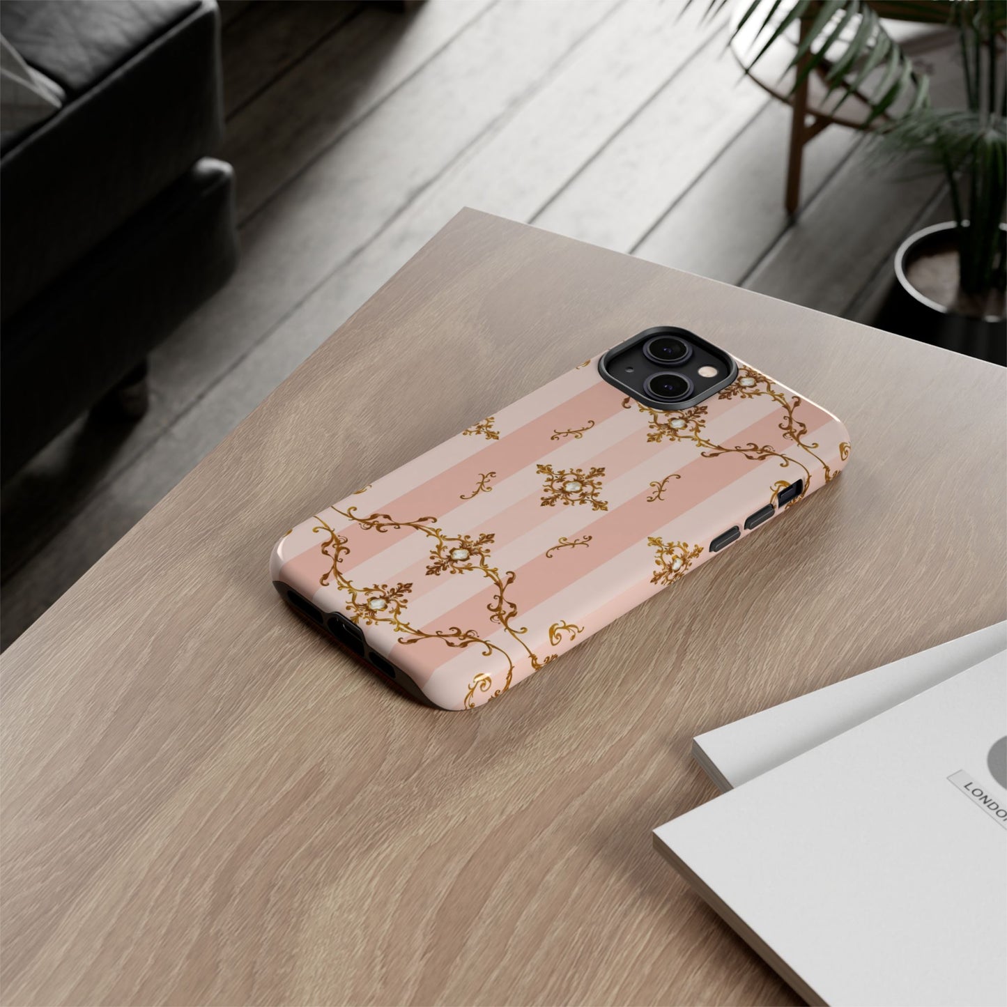 Elegant Floral Phone Case, Tough Cases for Women, Trendy Phone Cover, Chic Gift - Pink Jeweled Striped Gold Baroque