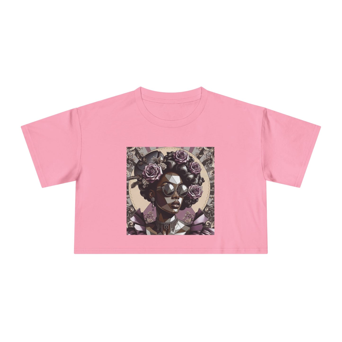 Poly Art Chic Women's Crop Tee - Floral Art Inspired Shirt, Casual Summer Wear, Festival Top, Vintage Style - Lilac Baroque Lady