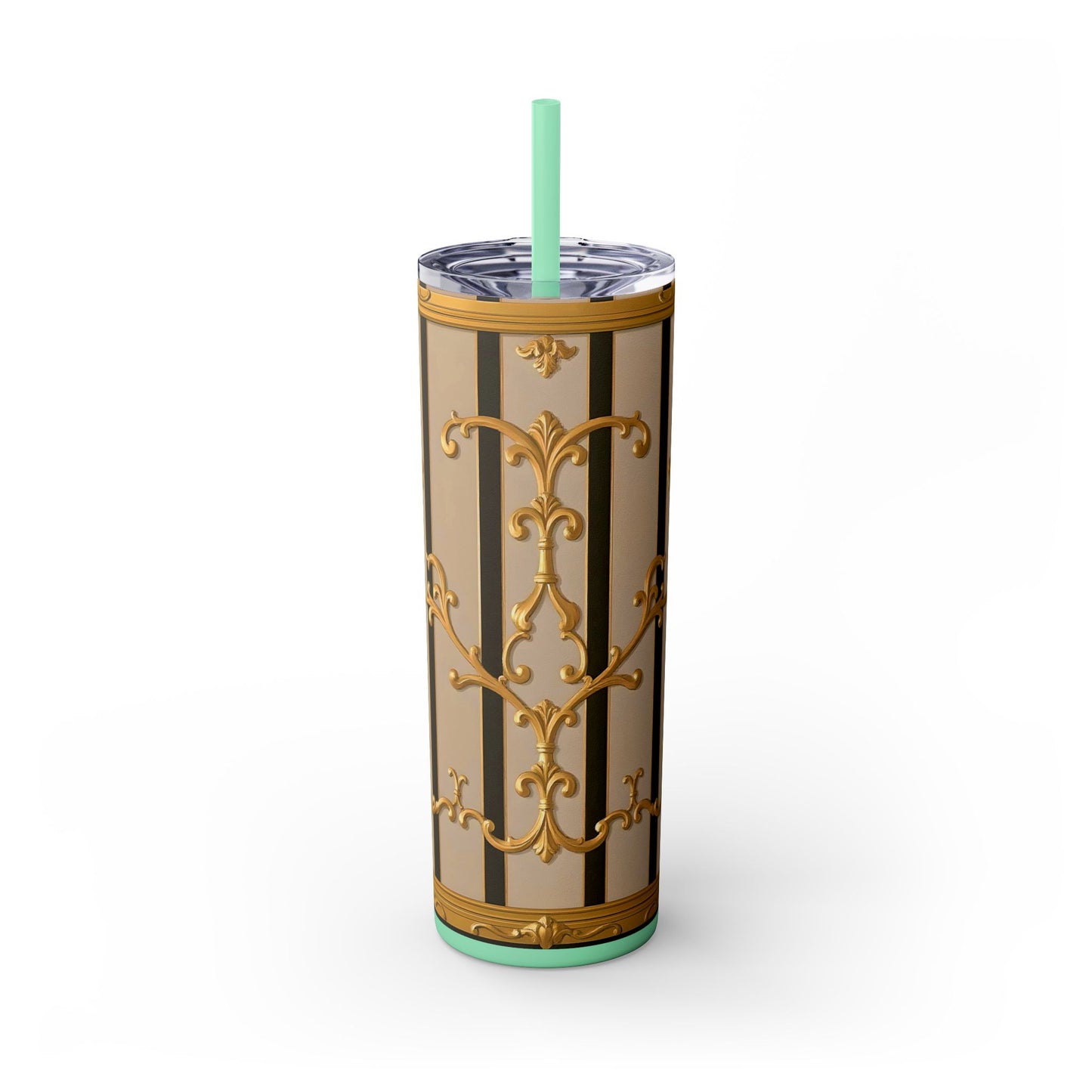Skinny Tumbler with Straw, 20oz - Beige Striped Gold Rococo