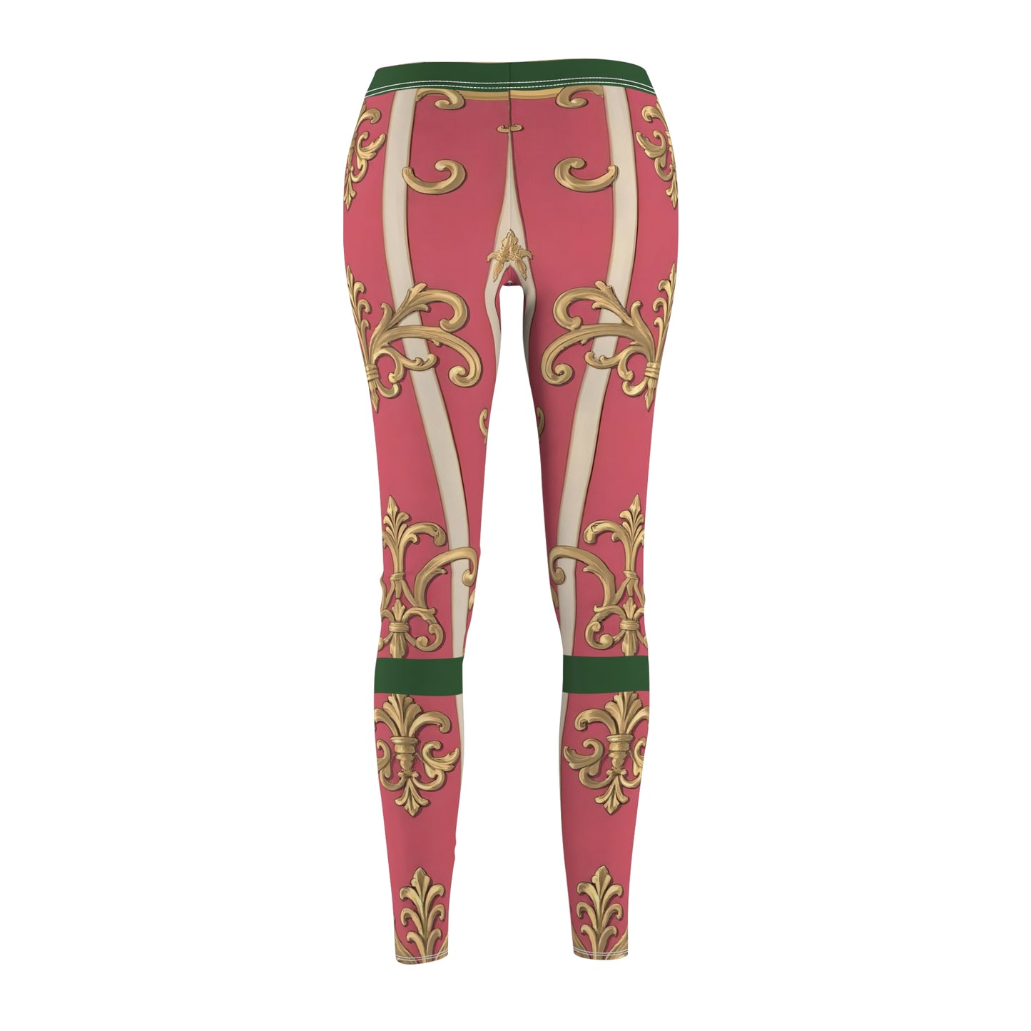 Women's Green Border Pink Striped Baroque Print Casual Leggings, Trendy Activewear, Stylish Leggings for Yoga, Everyday Wear, Holiday Gift