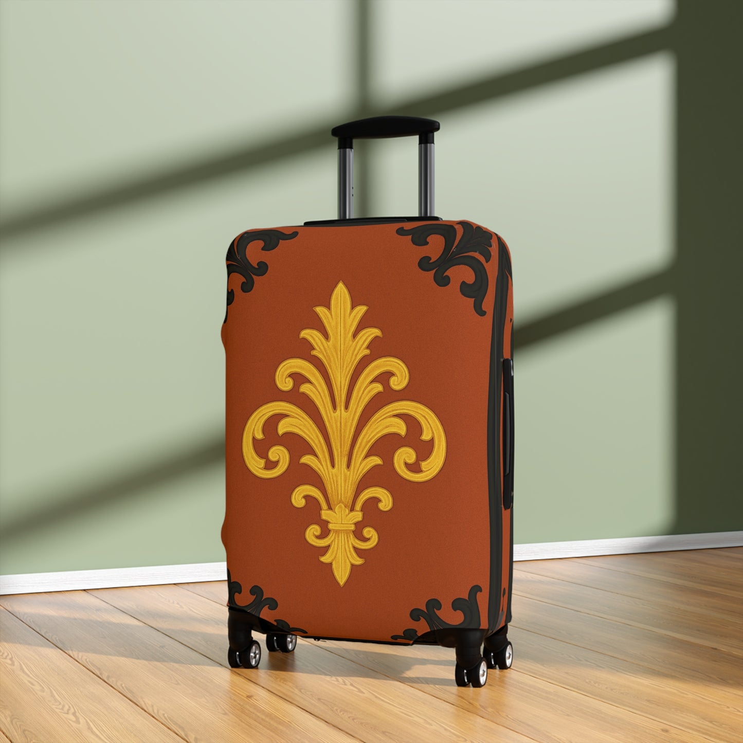 Dusk Terracotta Baroque - Vintage Gold Baroque Design Luggage Cover — Elegant Golden Scroll Travel Protector