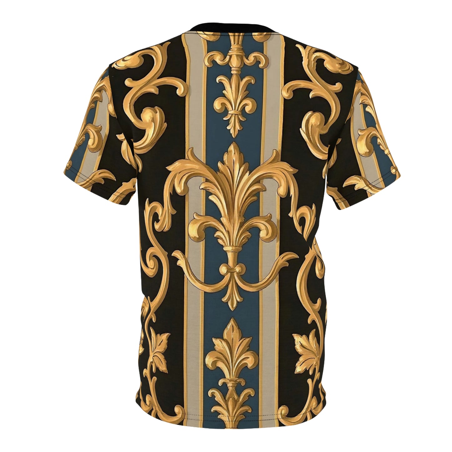 Luxurious Gold Pattern Tee, Stylish Graphic T-Shirt, Trendy Casual Wear, Fashionable Summer Top - Blue & Black Striped Rococo