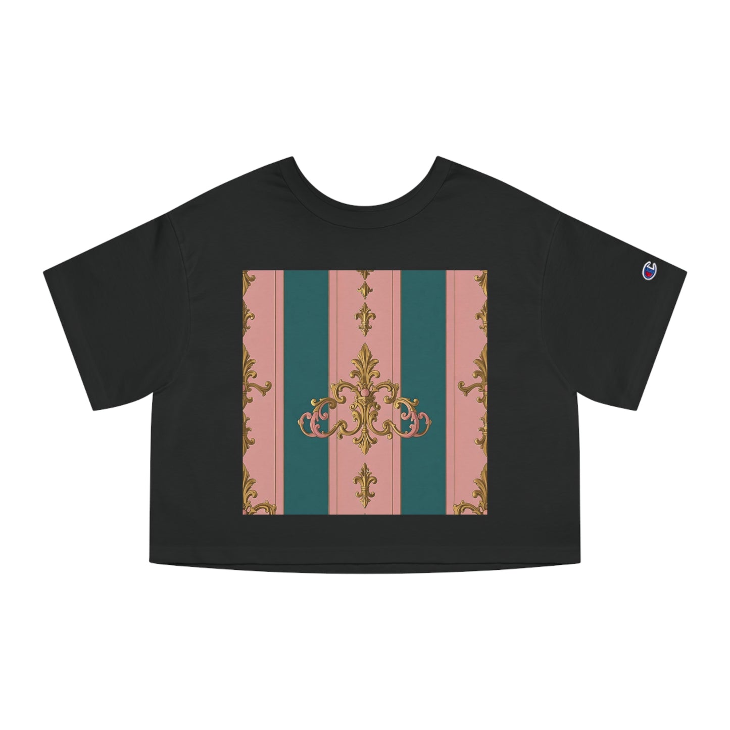 Heritage Cropped T-Shirt with Elegant Floral Design, Casual Wear, Summer Fashion, Vintage Style, Gift for Her - Pink & Teal Striped Gold Baroque