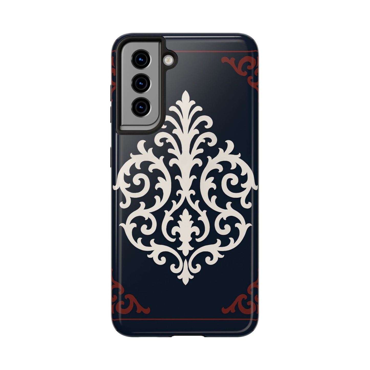 Dusk Blue-Maroon & White Baroque Tough Phone Case — Vintage Scroll Design