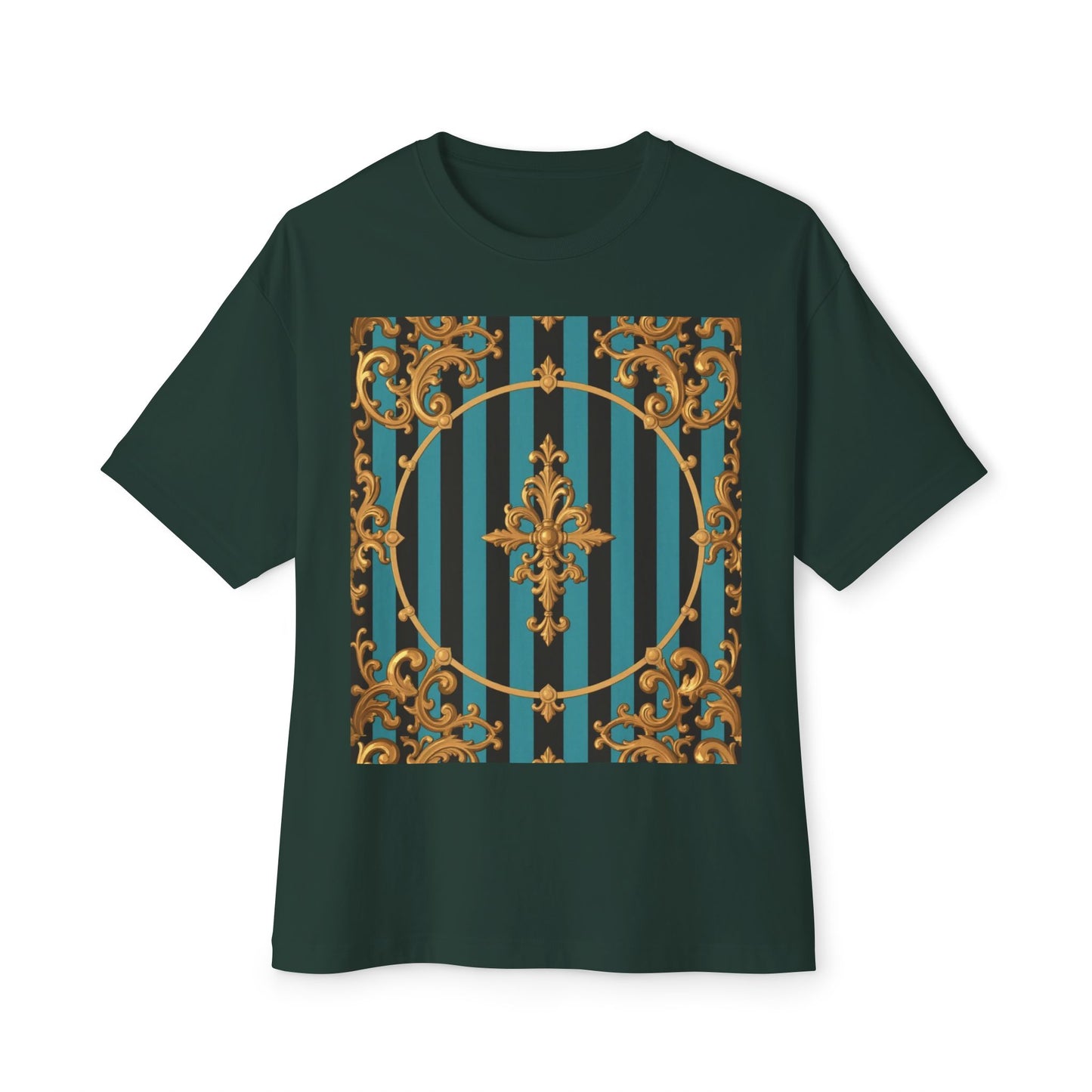 Stylish Turquoise & Black Striped Gold Baroque Unisex Oversized Boxy Tee, Retro Graphic Shirt, Casual Wear, Trendy Fashion, Unique Gift Idea