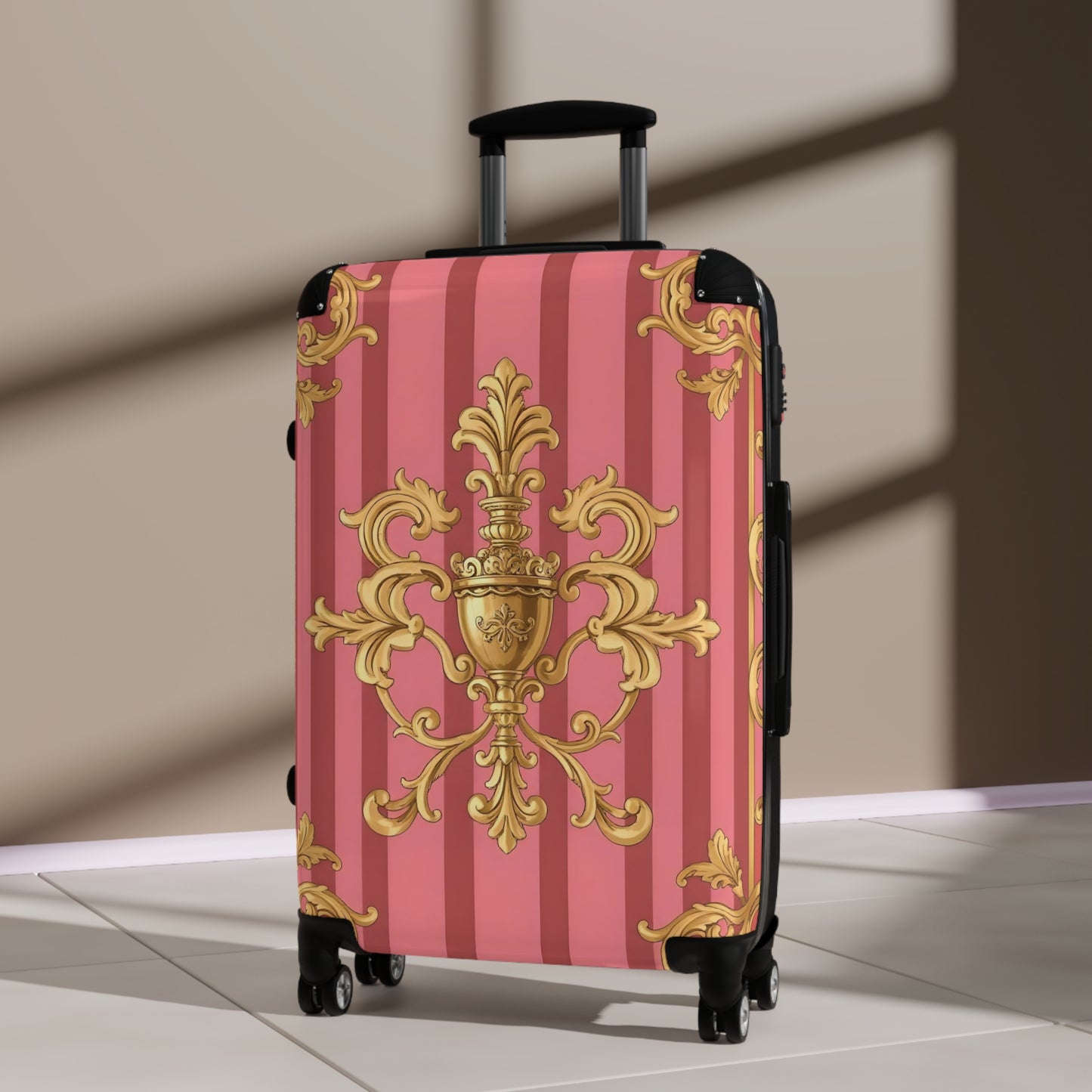 Elegant Pink Ornate Suitcase, Stylish Travel Luggage, Chic Carry-On, Unique Gift for Travelers - Pink Striped Gold Baroque