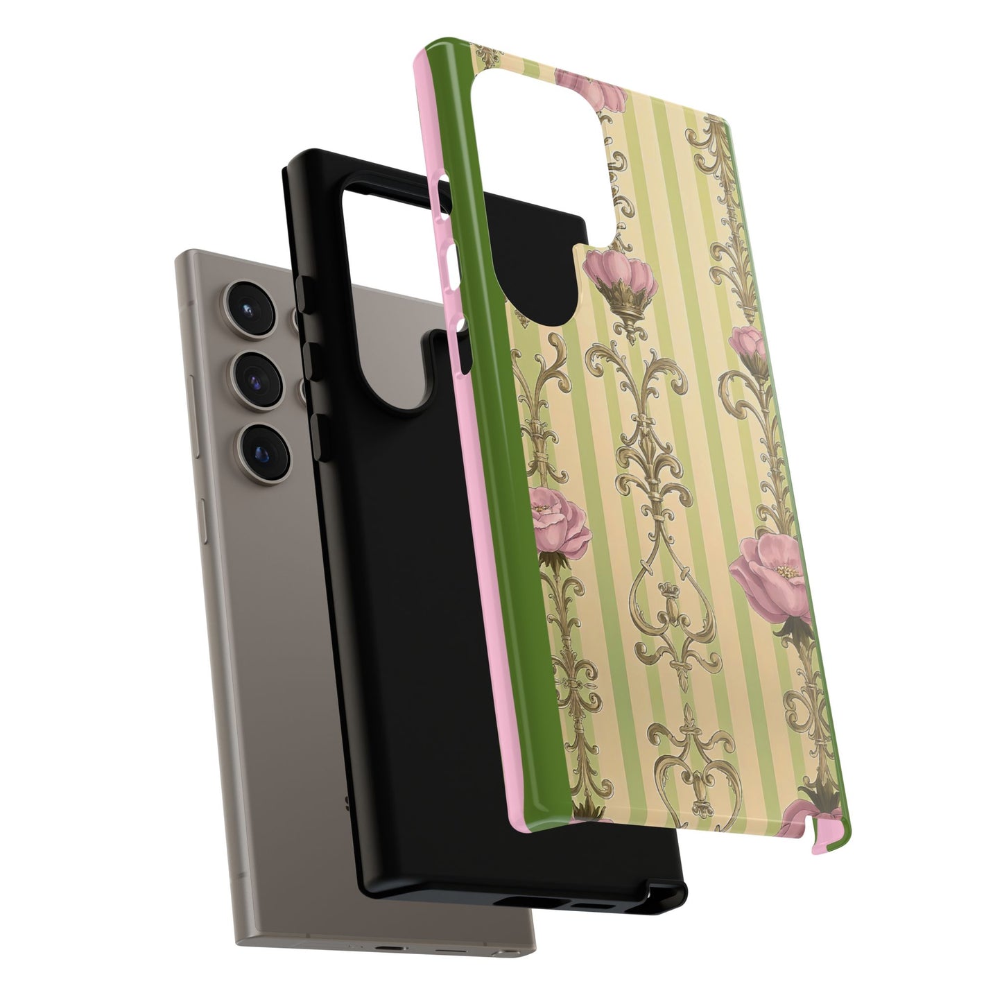 Elegant Floral Motif Phone Case - Tough Cases with Vintage Design - Lime Green & Pink Striped Damask