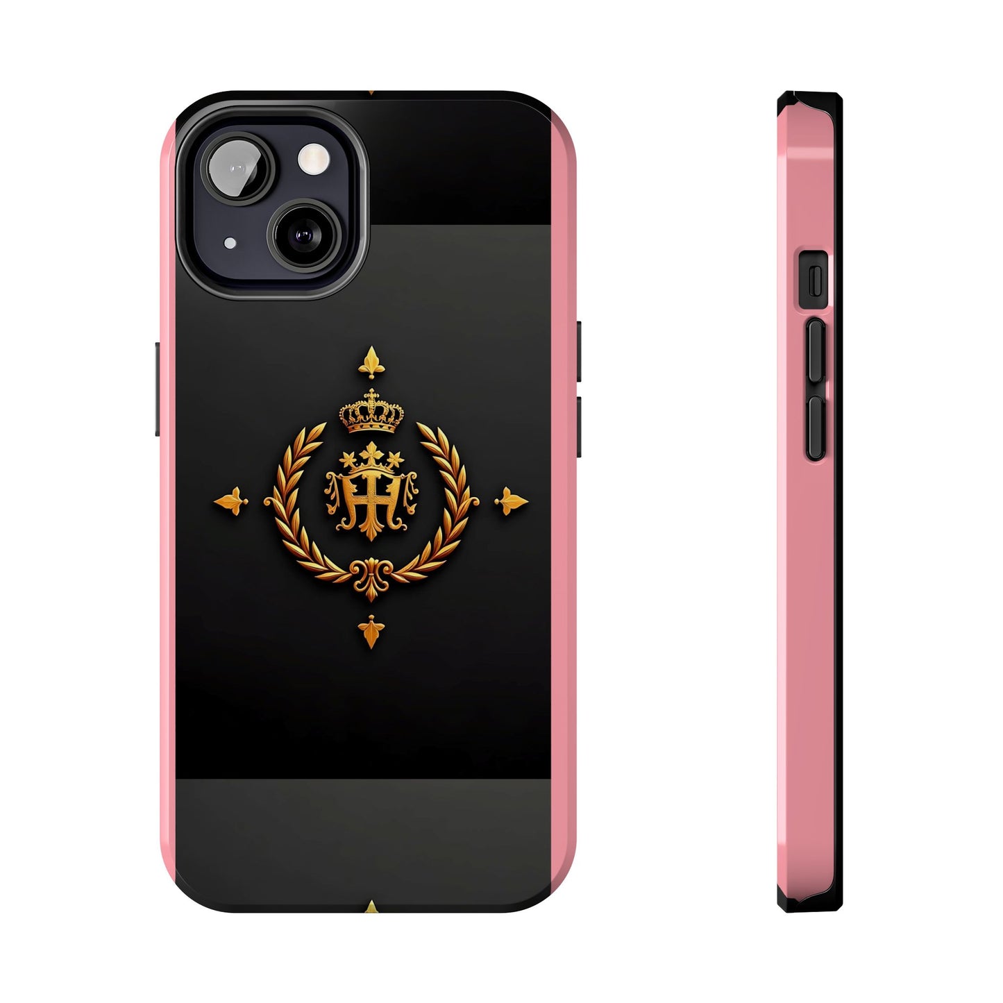 Tough Phone Case with Regal Design - Elegant Phone Protection, Gift for Him/Her, Royalty Inspired - Pink Striped Gold Crest