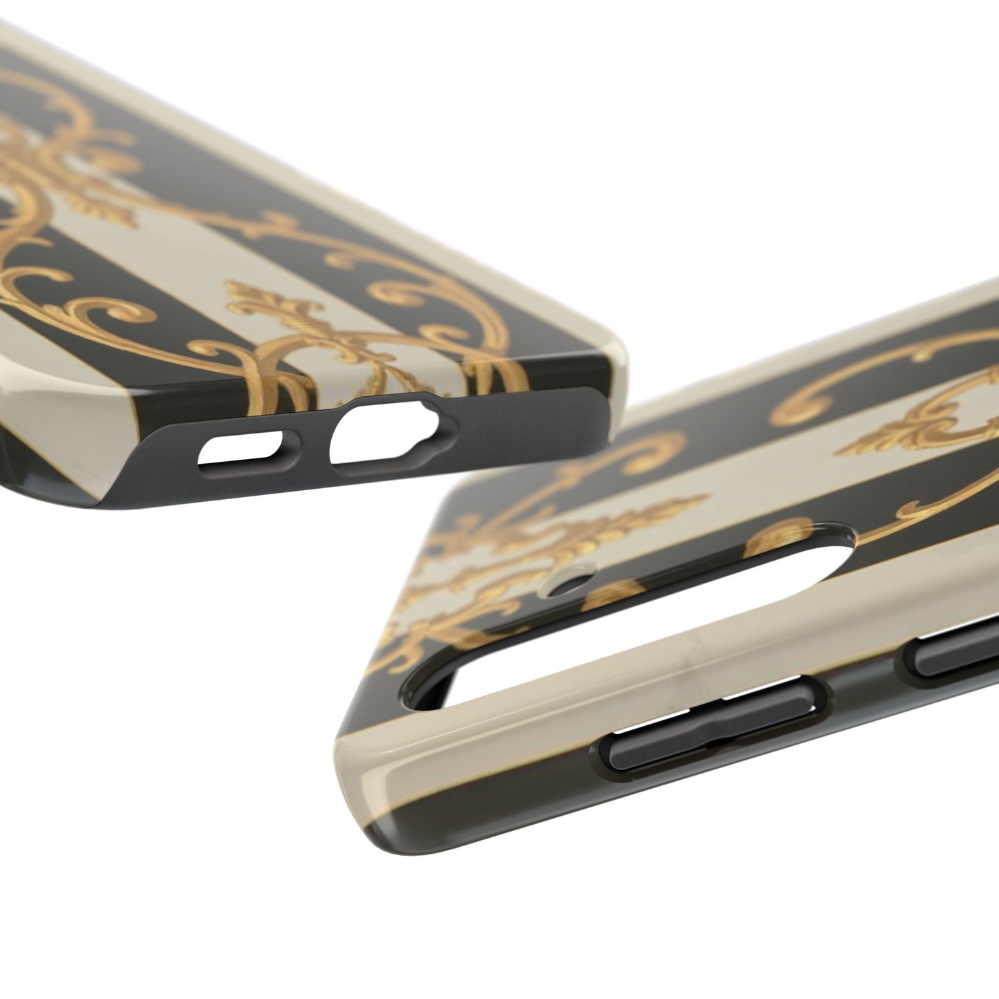 Elegant Black & Alabaster Striped Baroque Tough Phone Cases - Chic Protection, Black Gold Decor, Stylish Accessory, Gift for Her, Trendy Tech