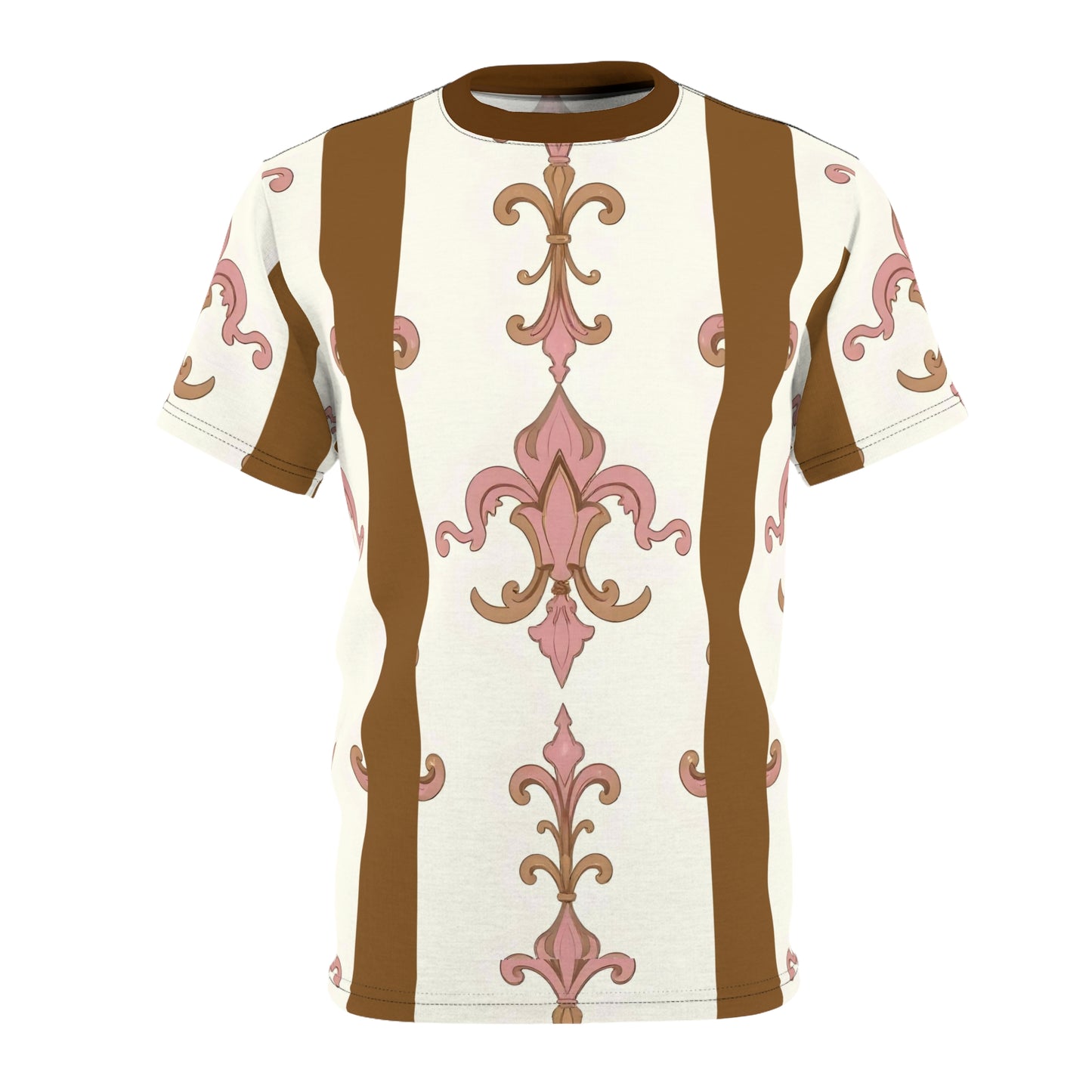 Elegant Floral Unisex Tee, Trendy Graphic Tee, AOP T-Shirt for Casual Wear, Gift for Her & Him - Brown Striped Pink Arabesque