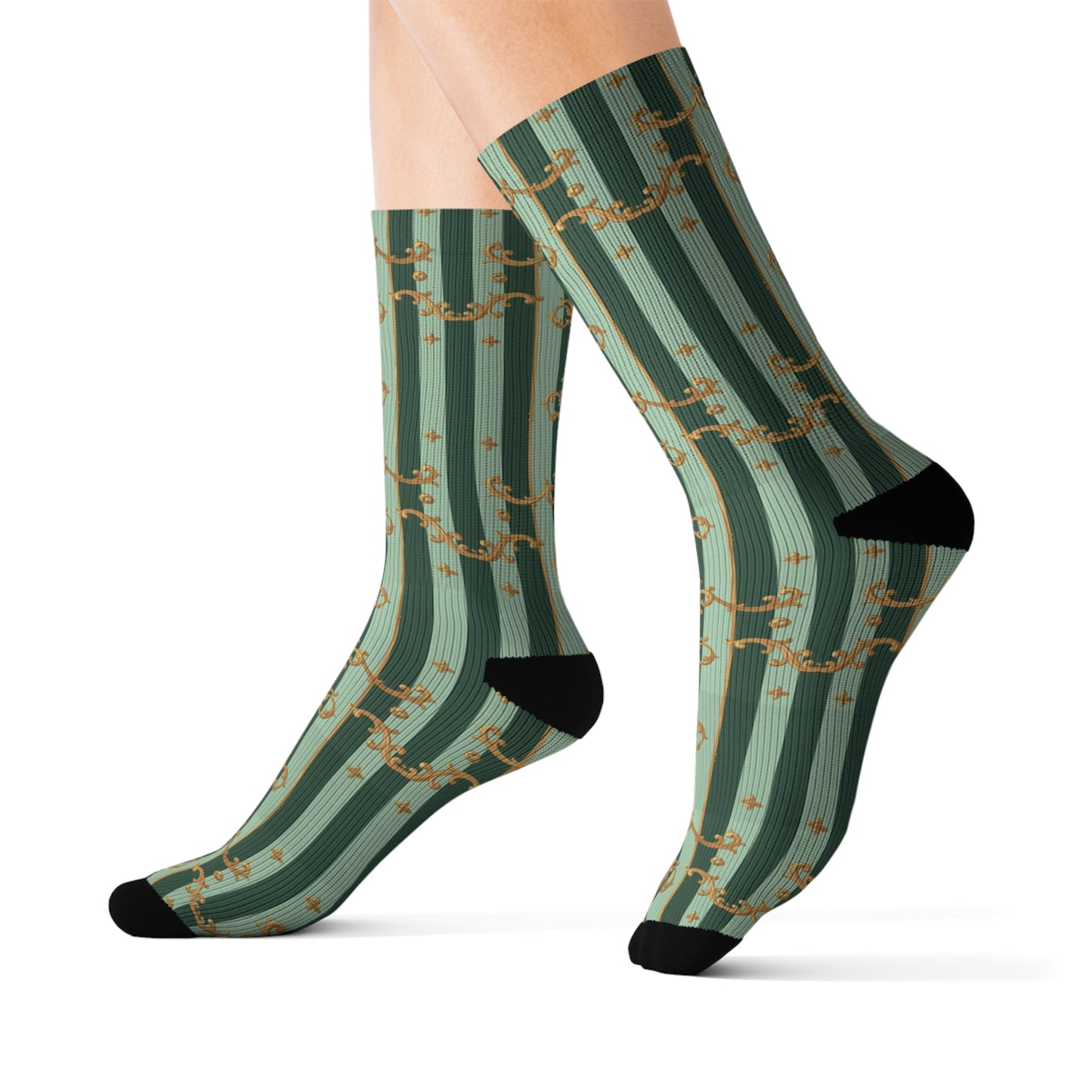 Chic Sublimation Socks for Everyday Comfort, Unique Fashion Socks, Gift for Him/Her, Stylish Casual Wear - Mint Green & Teal Striped Gold Baroque