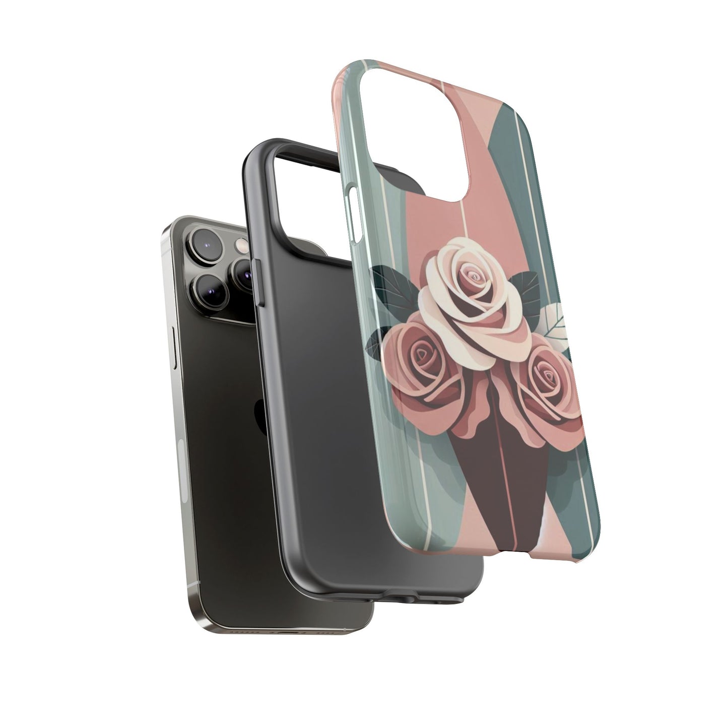 Phone Case - Burgundy, Matte Mauve & Teal Surfboard & Roses Design