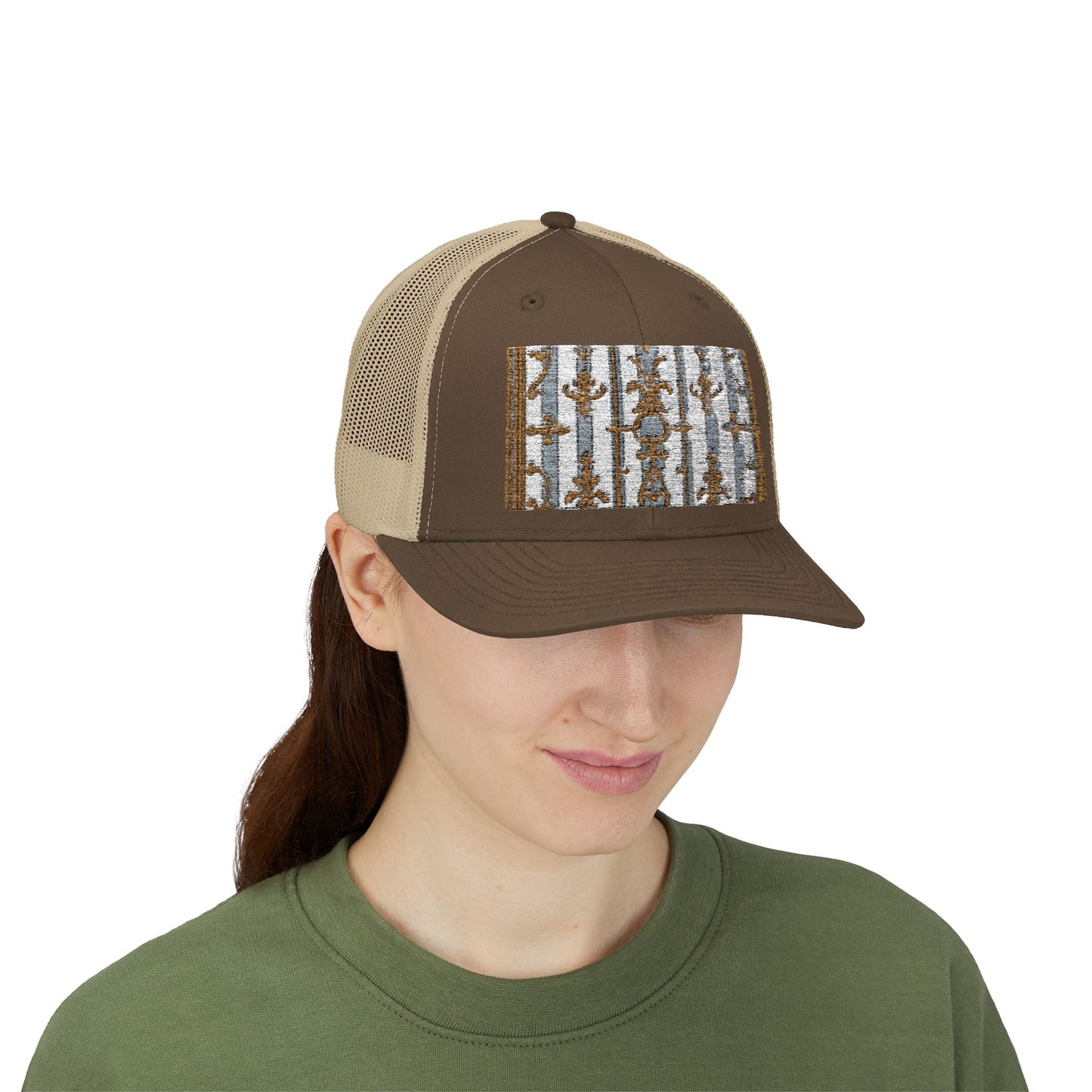 Stylish Snapback Trucker Cap with Nature-Inspired Design - Summer Festivals - Matte Gray & Cream Striped Gold Baroque