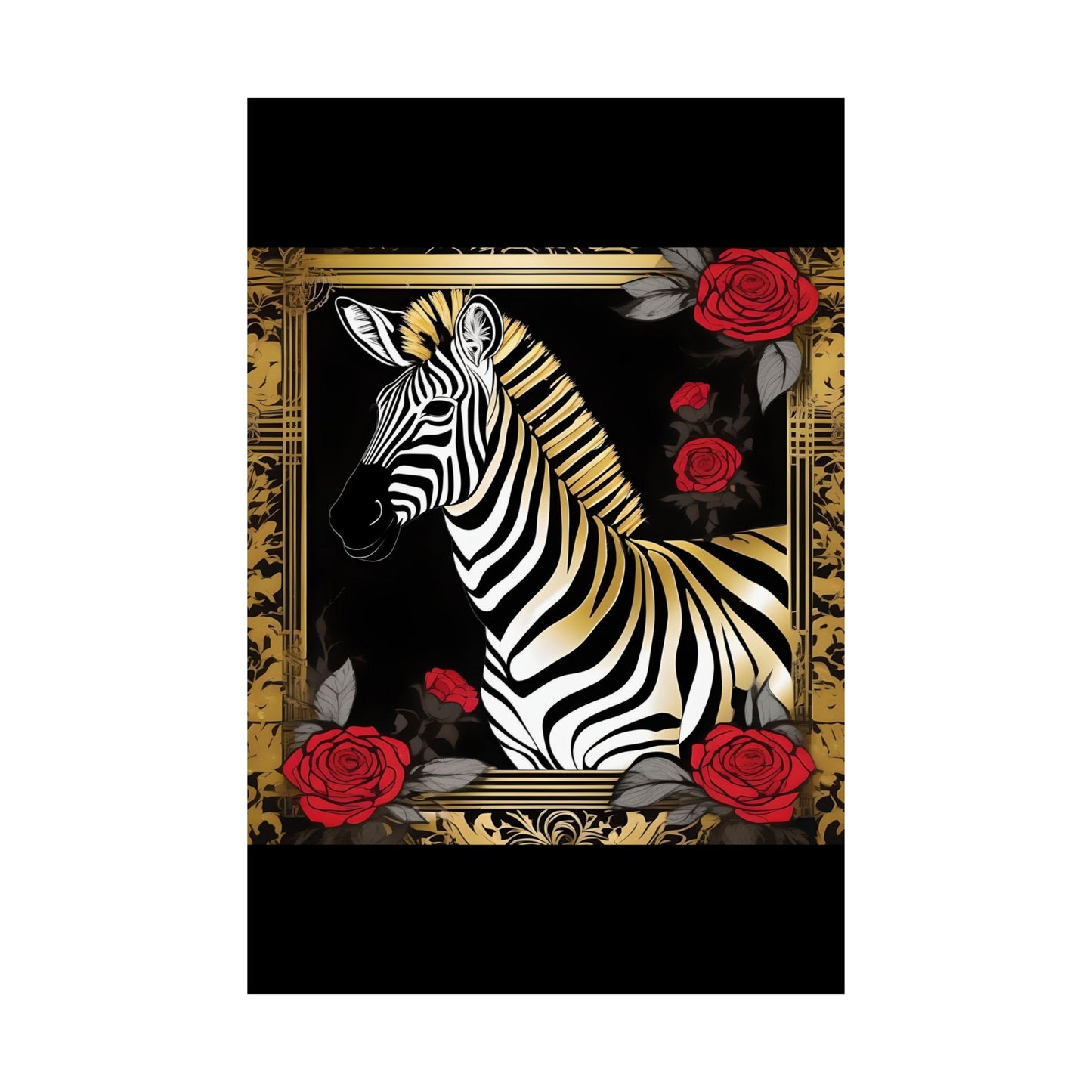 Floral Art Poster - Elegant Matte Vertical Wall Decor - Zebra With Roses