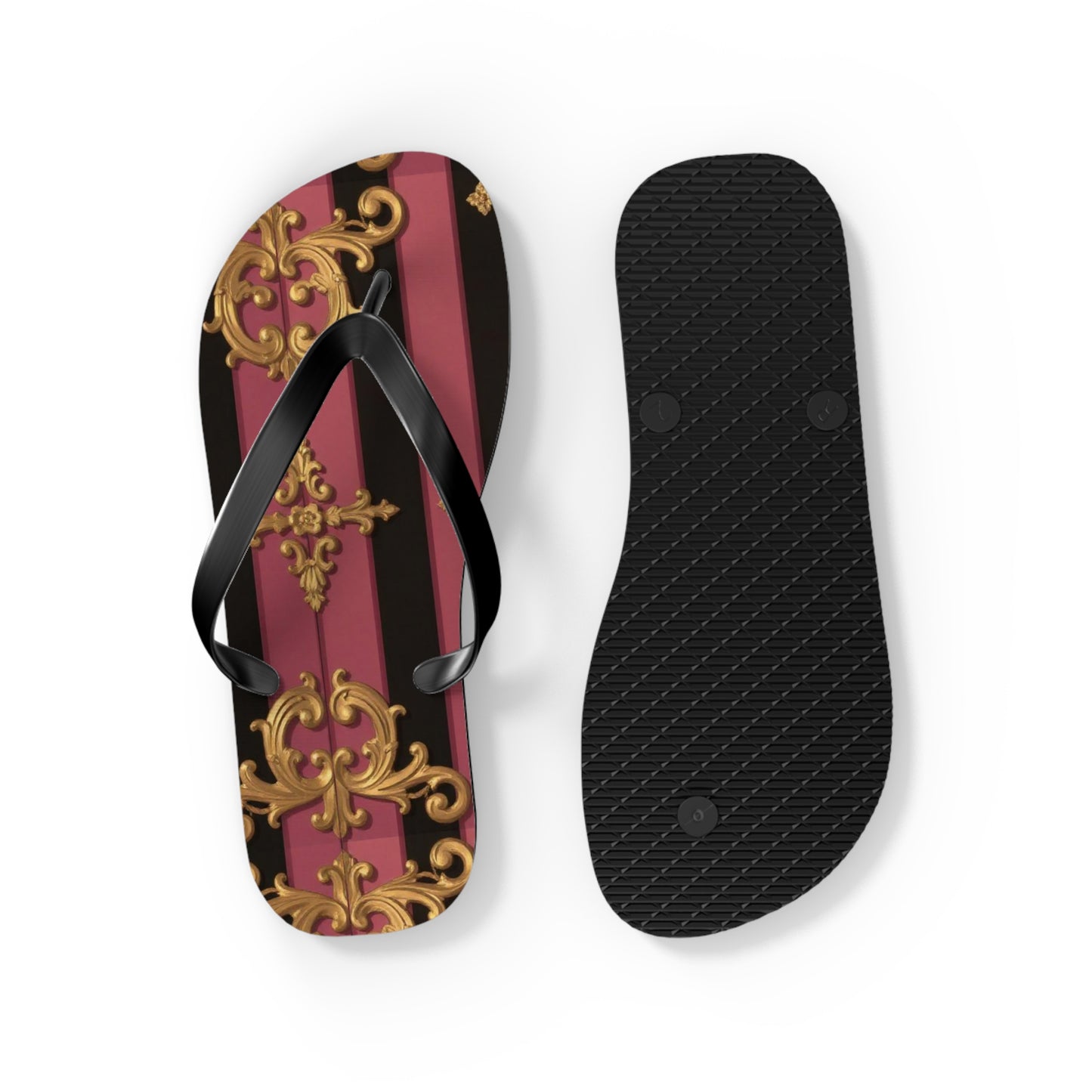 Elegant Black & Mauve Striped Gold Baroque Flip Flops, Chic Footwear for Summer, Pool Parties, Beach Days, Vacation Essentials